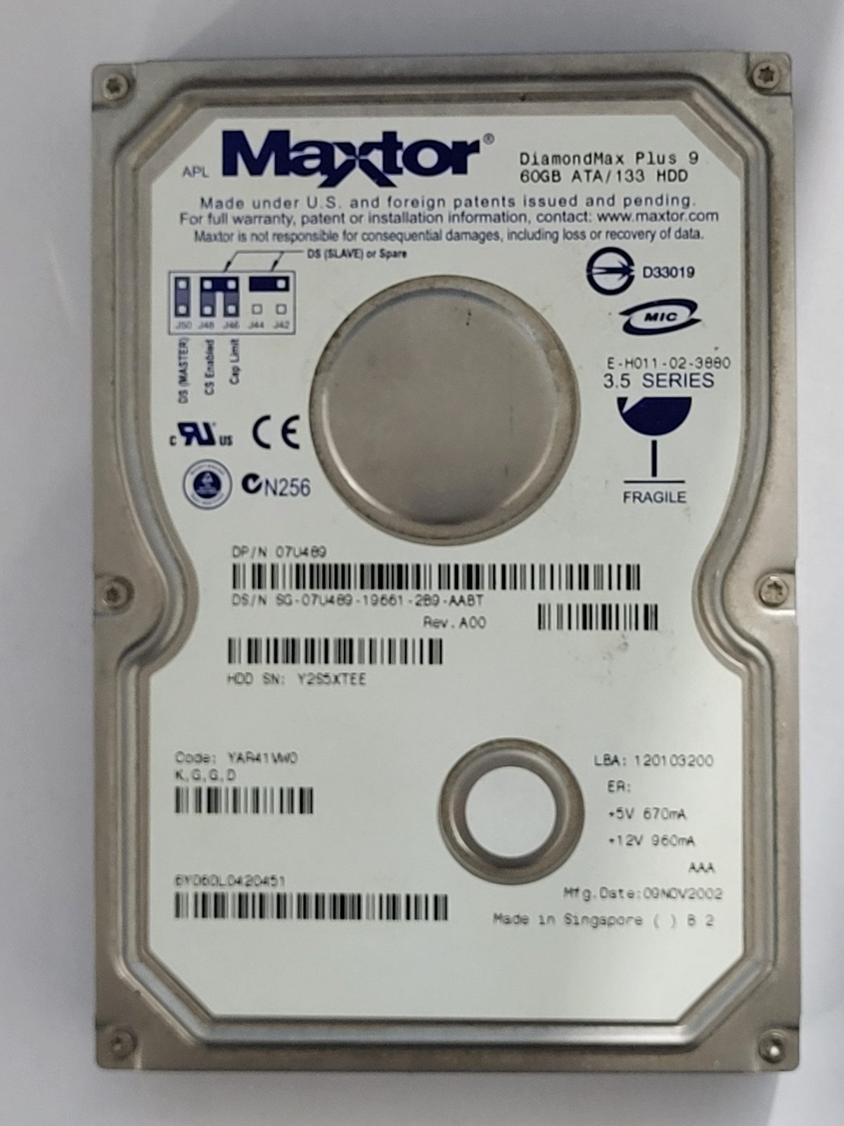 6Y060L0, TLA: 6Y060L0420451, 09 NOV 2002, Maxtor 60Gb 3.5" HDD STK