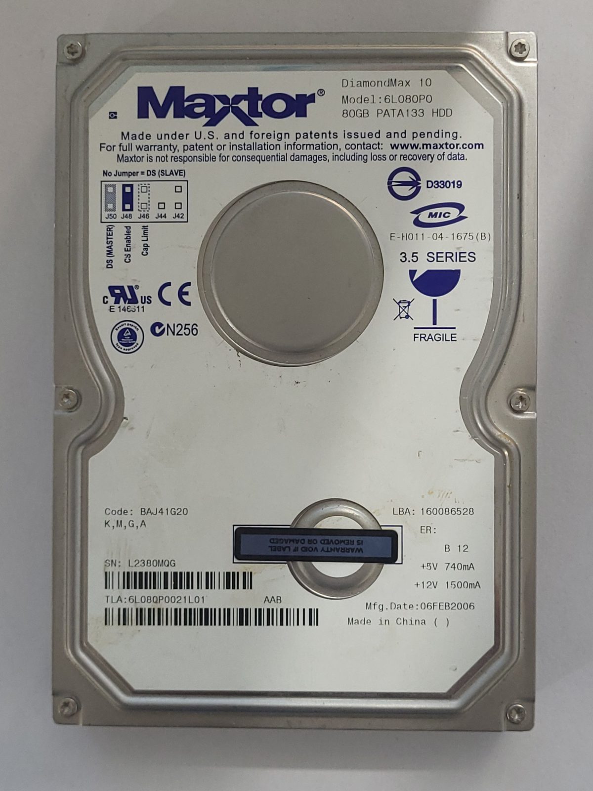 6L080P0, TLA: 6L080P0021L01, 06 FEB 2006, Maxtor 80Gb 3.5" HDD STK