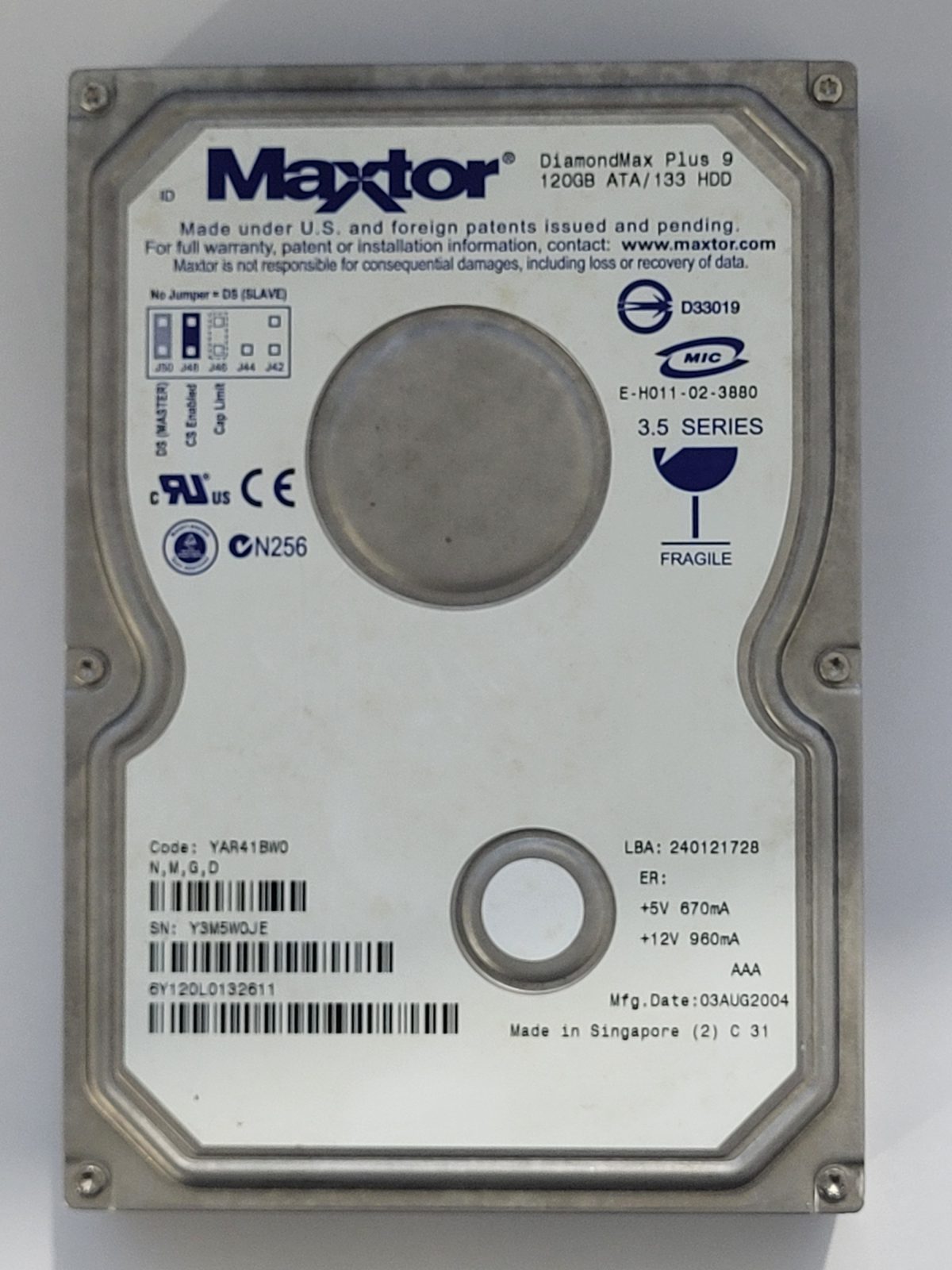 6Y120L0, TLA: 6Y120L0132611, 03 AUG 2004, Maxtor 120Gb 3.5" HDD STK
