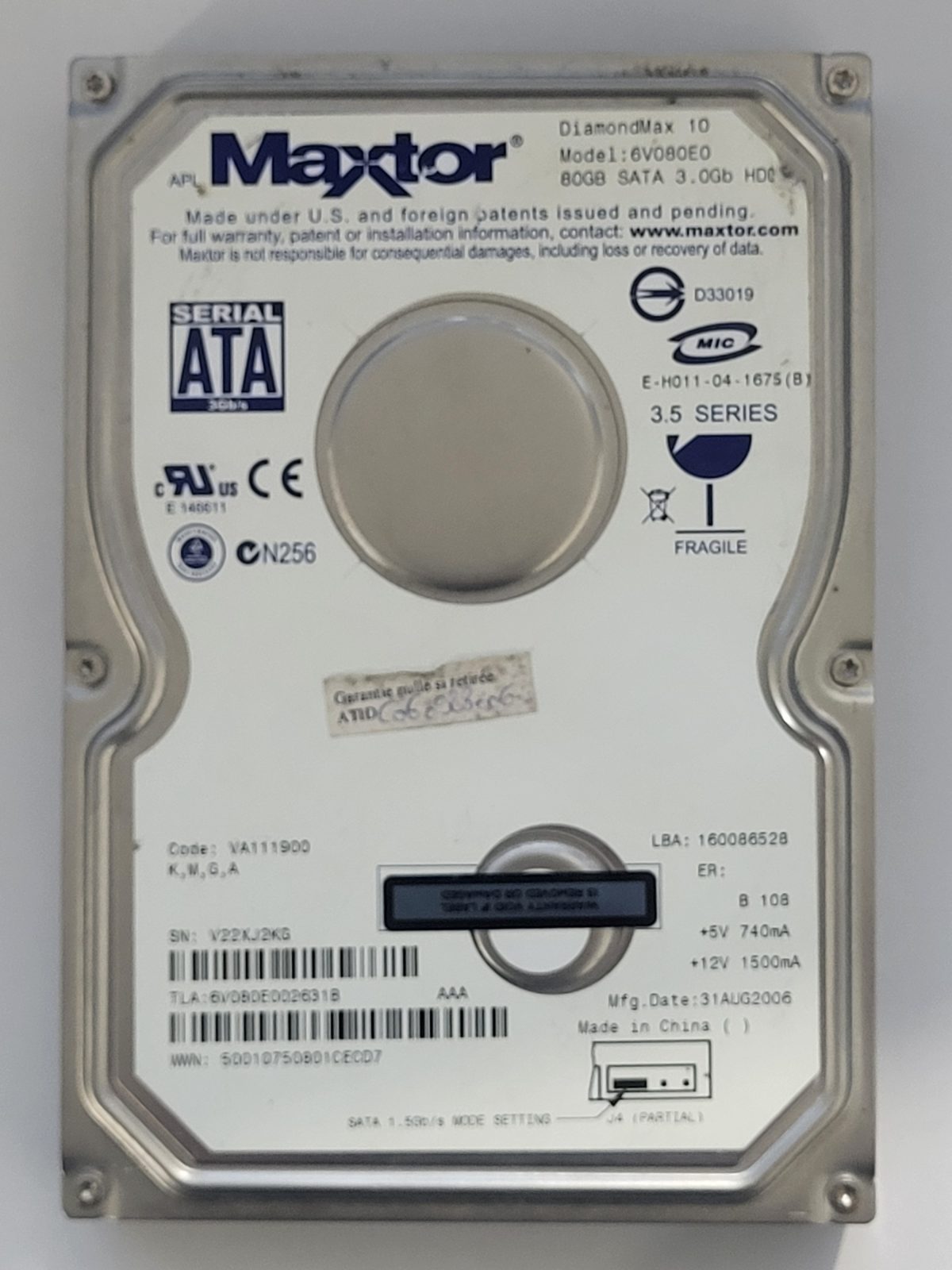 6V080E0, TLA: 6V080E002631B, 31 AUG 2006, Maxtor 80Gb 3.5" HDD STK
