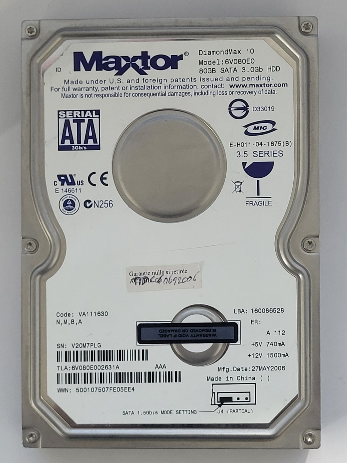 6V080E0, TLA: 6V080E002631A, 27 MAY 2006, Maxtor 80Gb 3.5" HDD STK