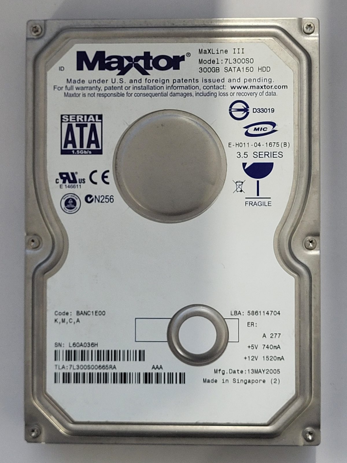 7L300S0, TLA: 7L300S00665RA, 13 MAY 2005, Maxtor 300Gb 3.5" HDD STK