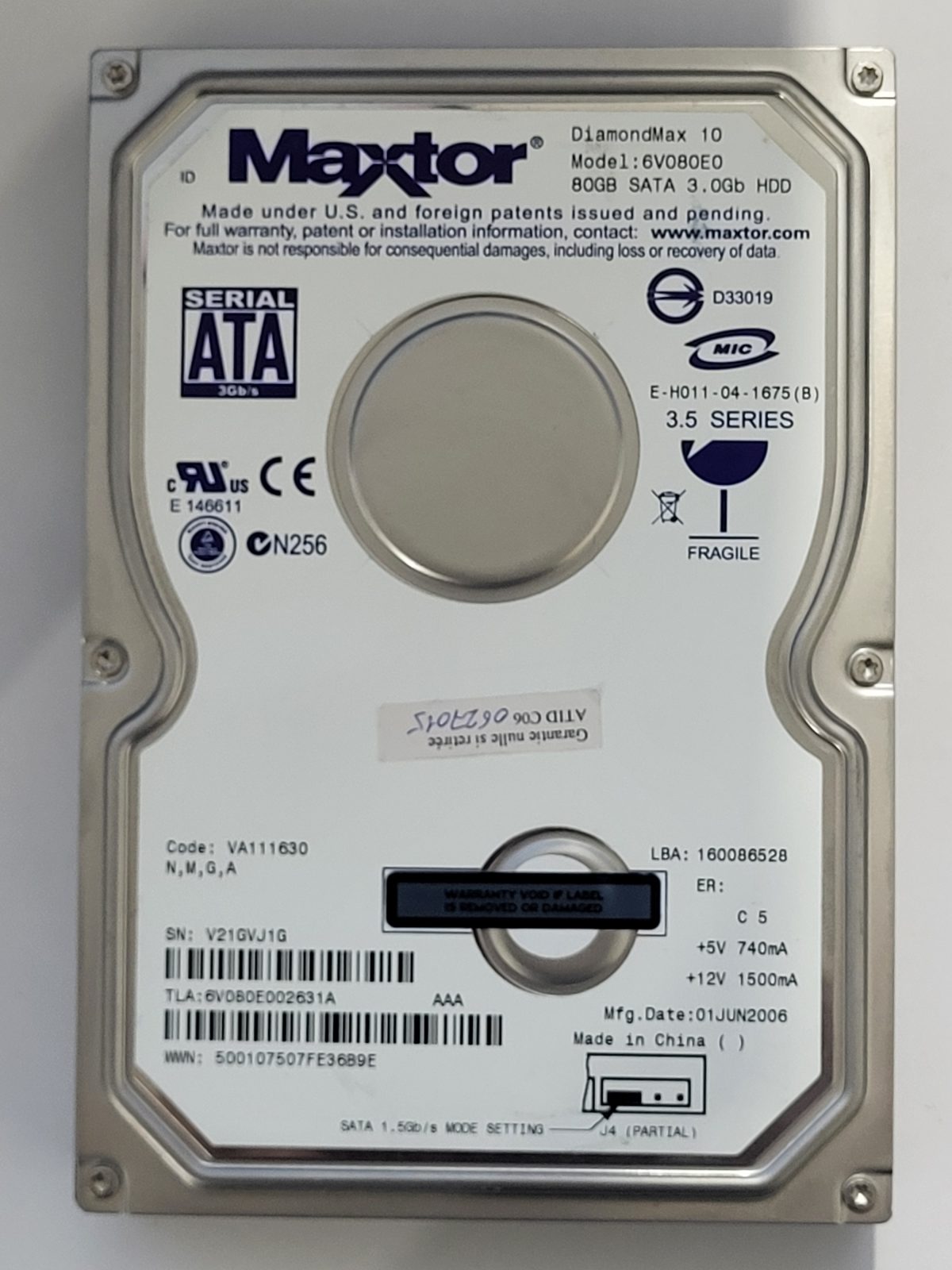 6V080E0, TLA: 6V080E002631A, 01 JUN 2006, Maxtor 80Gb 3.5" HDD STK