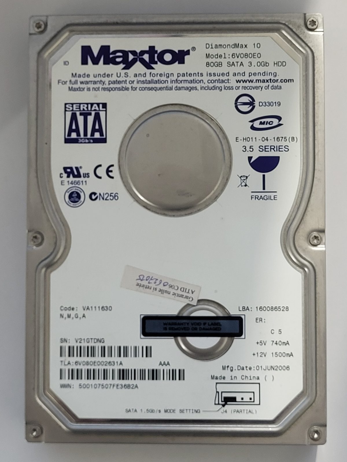 6V080E0, TLA: 6V080E002631A, 01 JUN 2006, Maxtor 80Gb 3.5" HDD STK