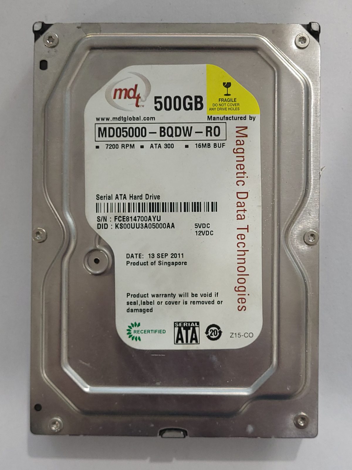 MD05000-BQDW-R0, 13 SEP 2011, Magnetic Data Technologies 500Gb 3.5" HDD STK