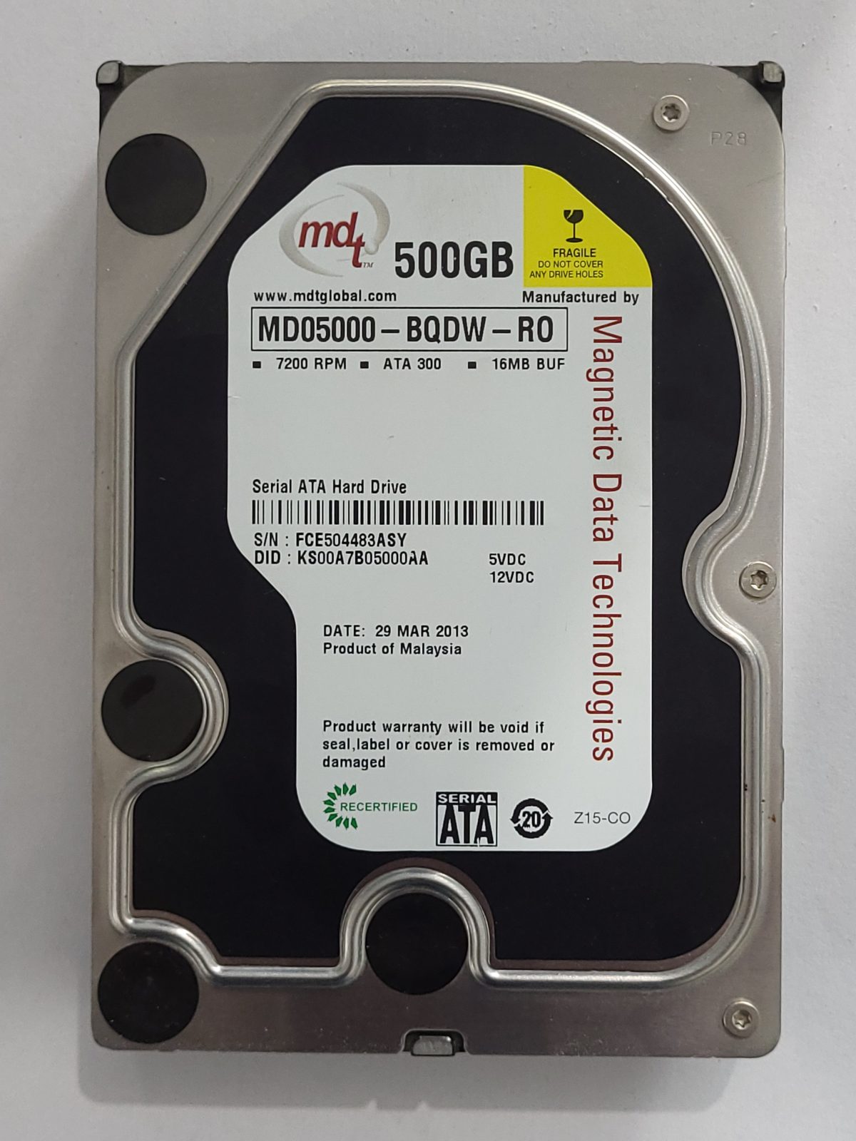 MD05000-BQDW-R0, 29 MAR 2013, Magnetic Data Technologies 500Gb 3.5" HDD STK