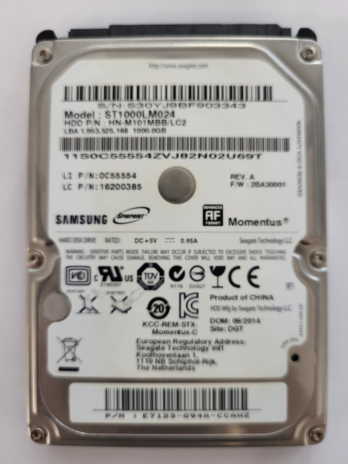 ST1000LM024, PN: HN-M101MBB/LC2, FW: 2BA30001, SEP 2014, Samsung 1Tb 2.5" HDD STK