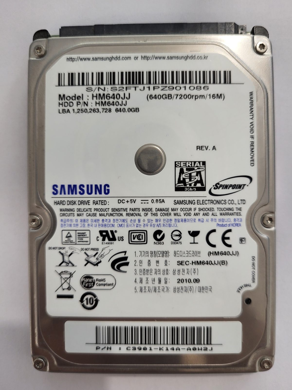 HM640JJ, PN: HM640JJ, FW: 2AK10001, SEP 2010, Samsung 640Gb 2.5" HDD STK