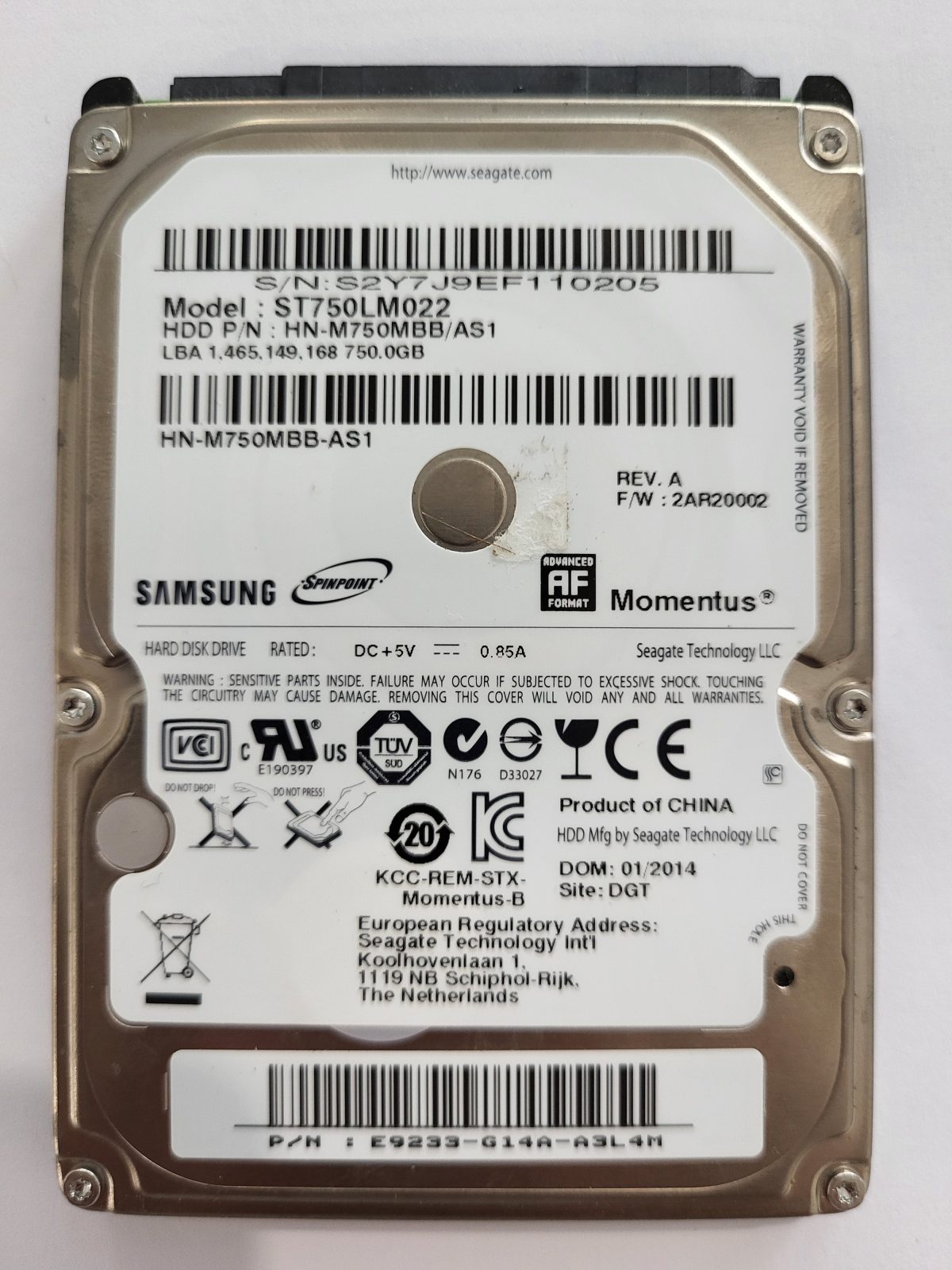ST750LM022, PN: HN-M750MBB/AS1, FW: 2AR20002, JAN 2014, Samsung 750Gb 2.5" HDD STK