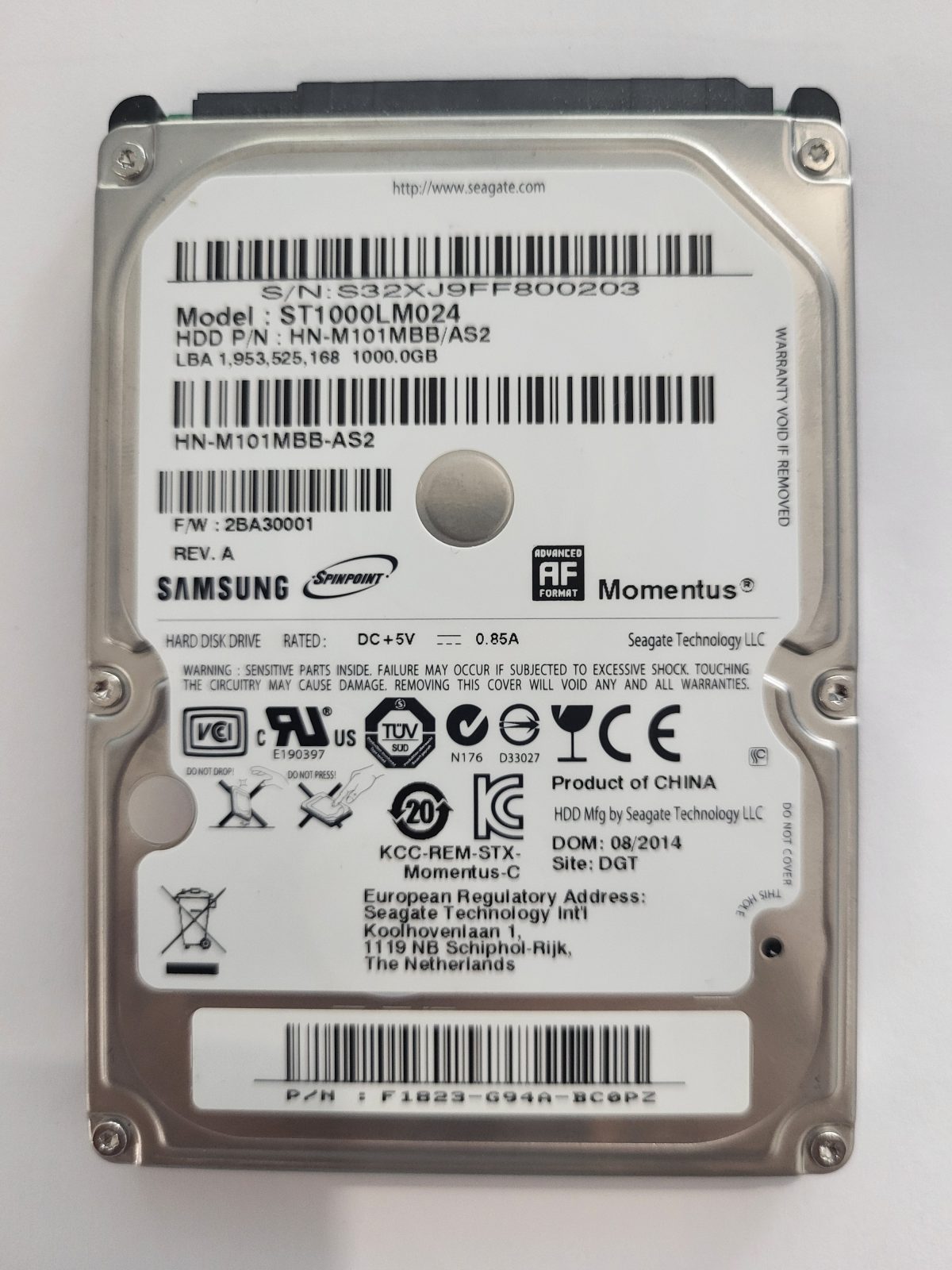 ST1000LM024, PN: HN-M101MBB/AS2, FW: 2BA30001, AUG 2014, Samsung 1Tb 2.5" HDD STK