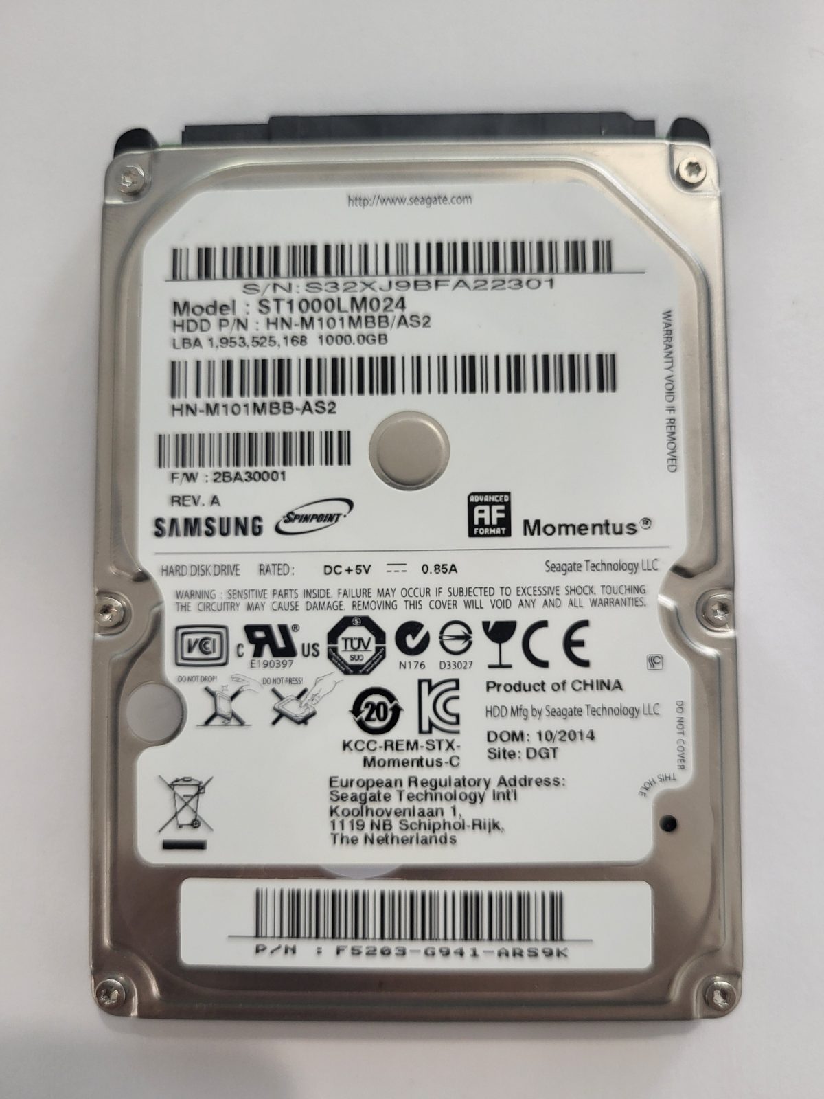 ST1000LM024, PN: HN-M101MBB/AS2, FW: 2BA30001, OCT 2014, Samsung 1Tb 2.5" HDD STK
