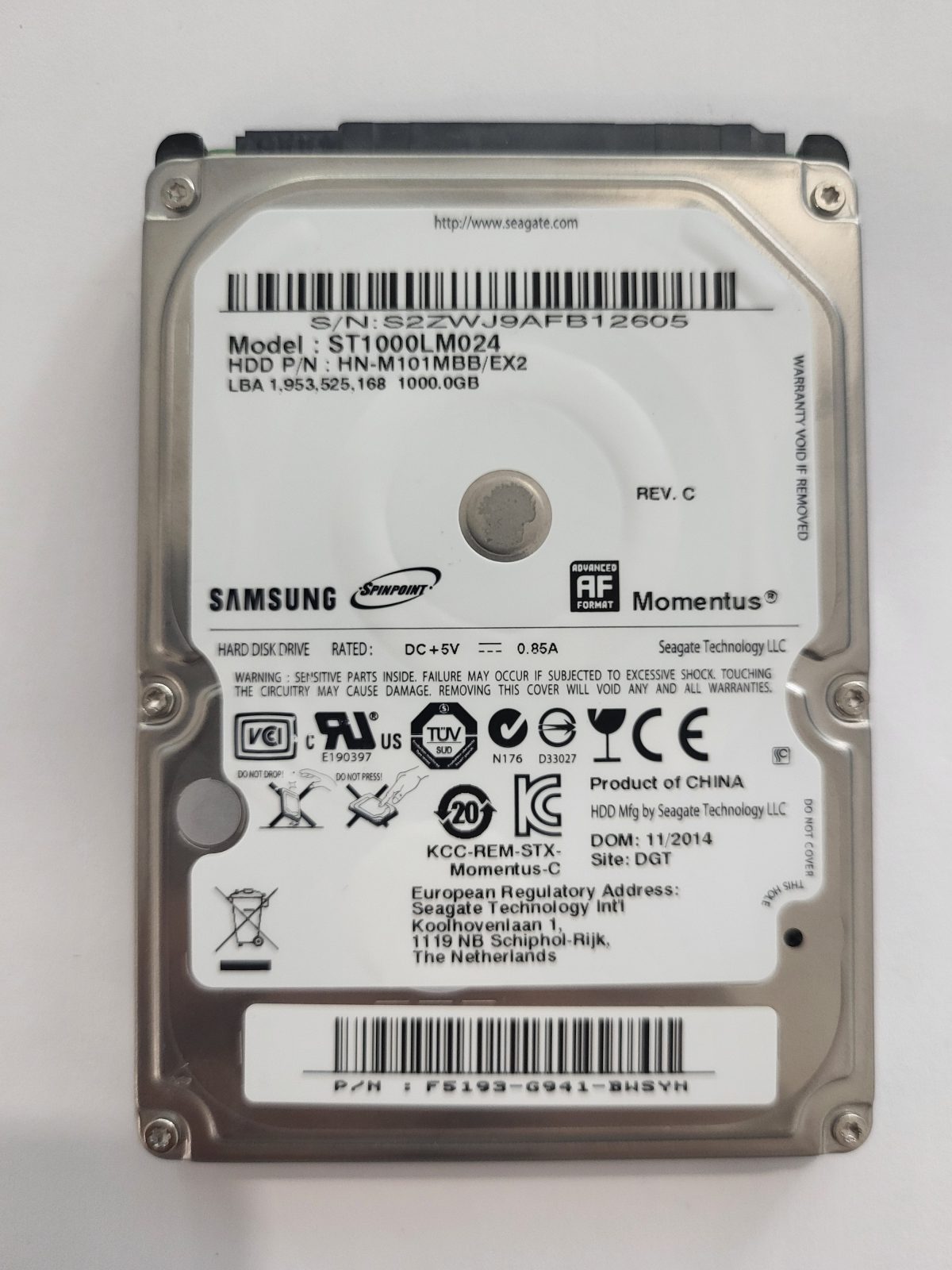 ST1000LM024, PN: HN-M101MBB/EX2, FW: 2BA30001, NOV 2014, Samsung 1Tb 2.5" HDD STK