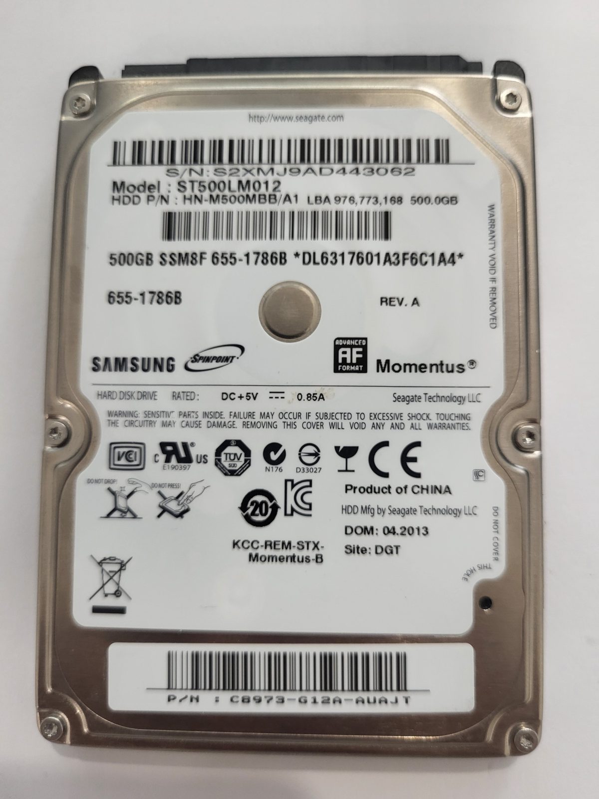 ST500LM012, PN: HN-M500MBB/A1, FW: 2AR30007, APR 2013, Samsung 500Gb 2.5" HDD STK