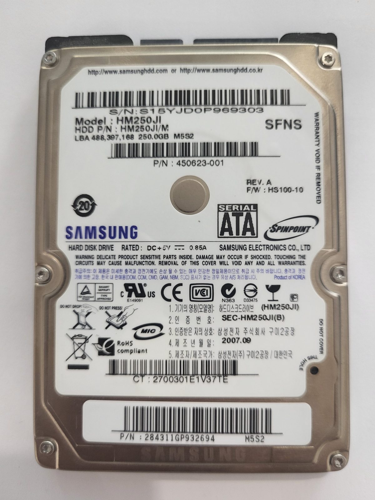 HM250JI, PN: HM250JI/M, FW: HS100-10, SEP 2007, Samsung 250Gb 2.5" HDD STK