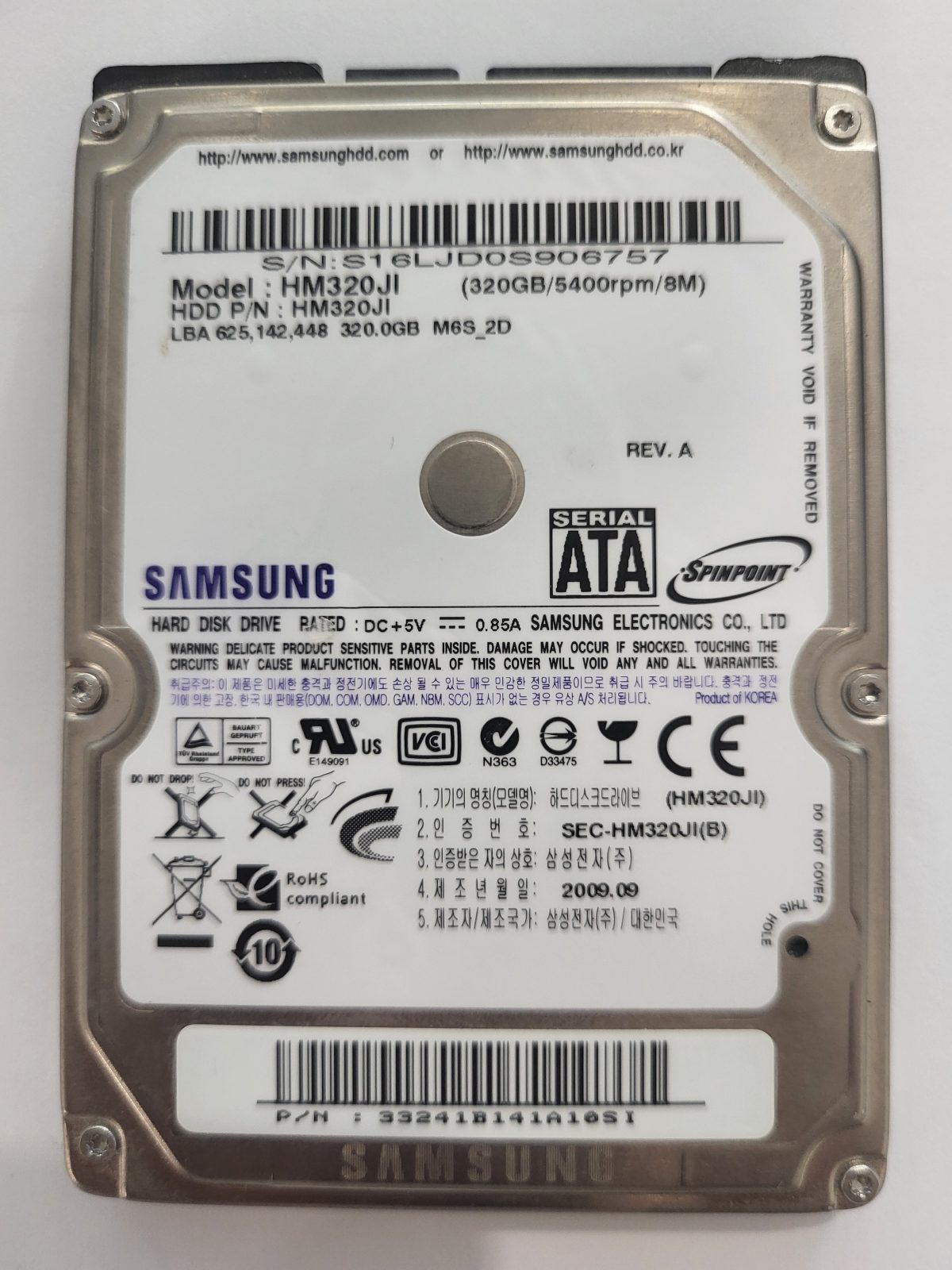 HM320JI, PN: HM320JI, FW: 2SS00_01, SEP 2009, Samsung 320Gb 2.5" HDD STK