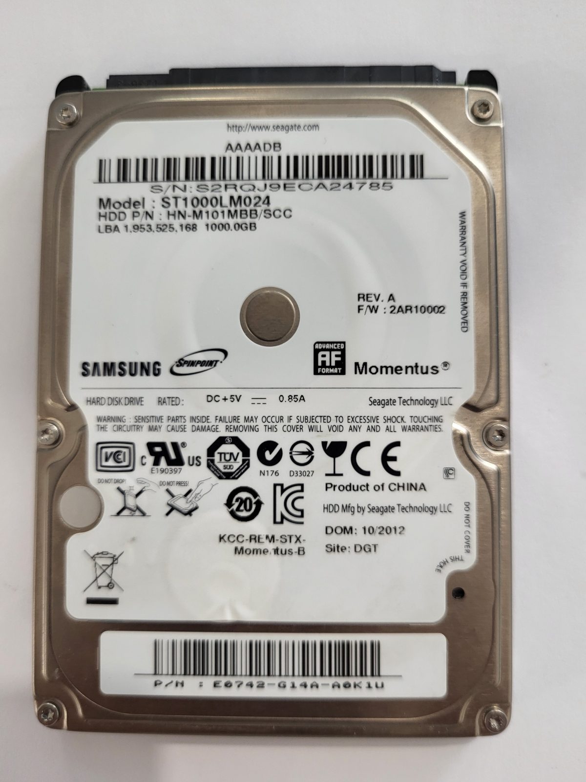 ST1000LM024, PN: HN-M101MBB/SCC, FW: 2AR10002, OCT 2012, Samsung 1Tb 2.5" HDD STK