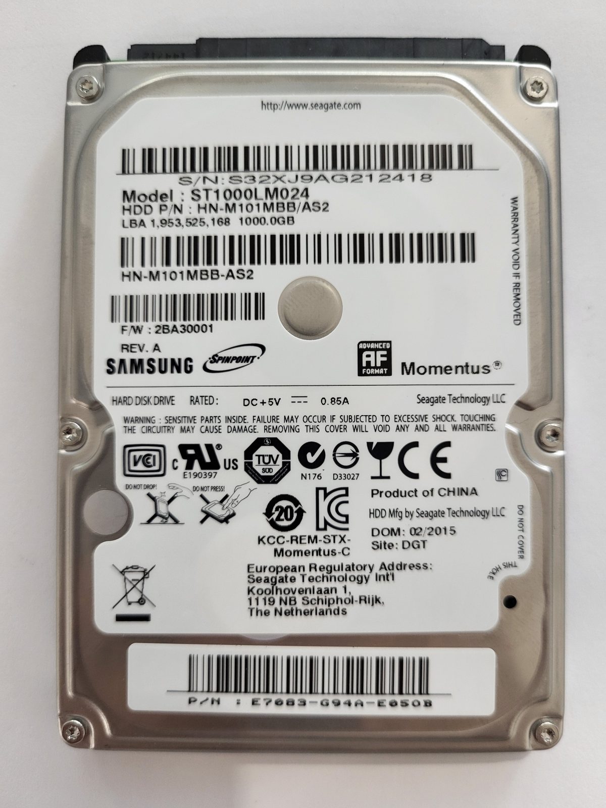 ST1000LM024, PN: HN-M101MBB/AS2, FW: 2BA30001, FEB 2015, Samsung 1Tb 2.5" HDD STK