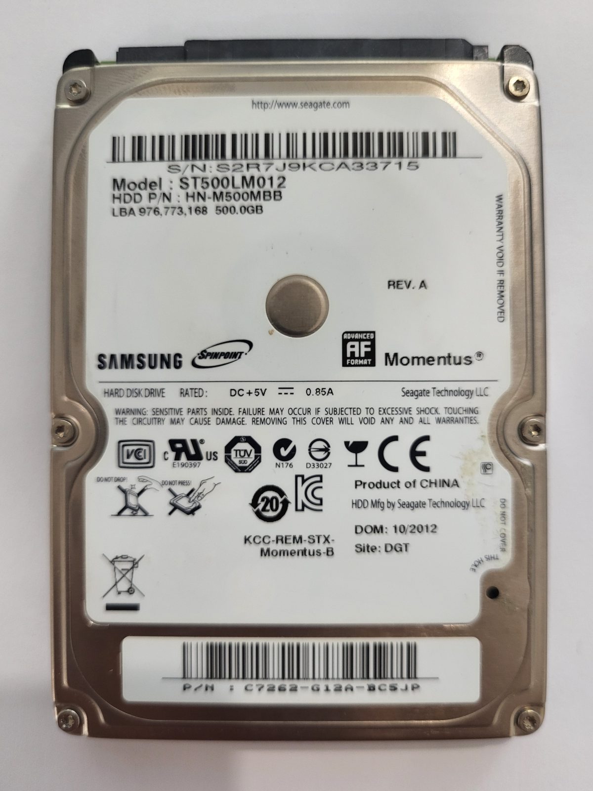 ST500LM012, PN: HN-M500MBB, FW: 2AR10002, OCT 2012, Samsung 500Gb 2.5" HDD STK