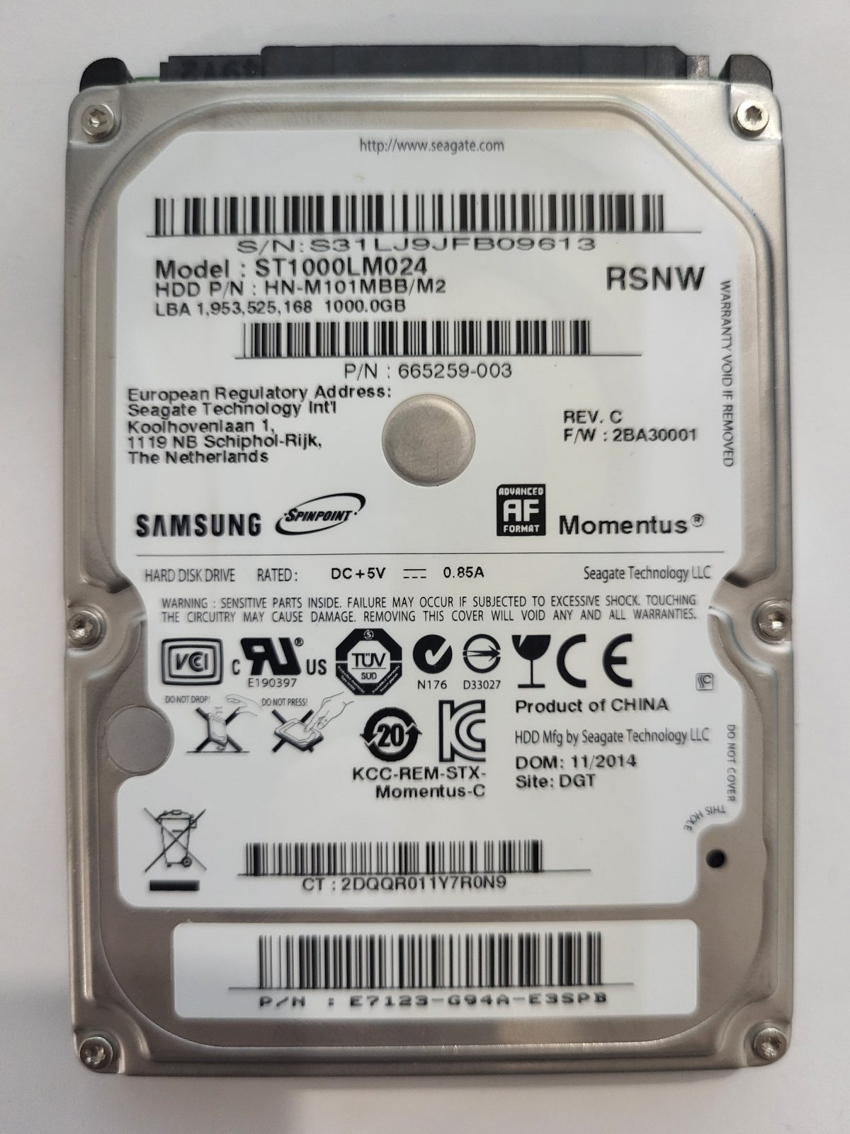 ST1000LM024, PN: HN-M101MBB/M2, FW: 2BA30001, NOV 2014, Samsung 1Tb 2.5" HDD STK
