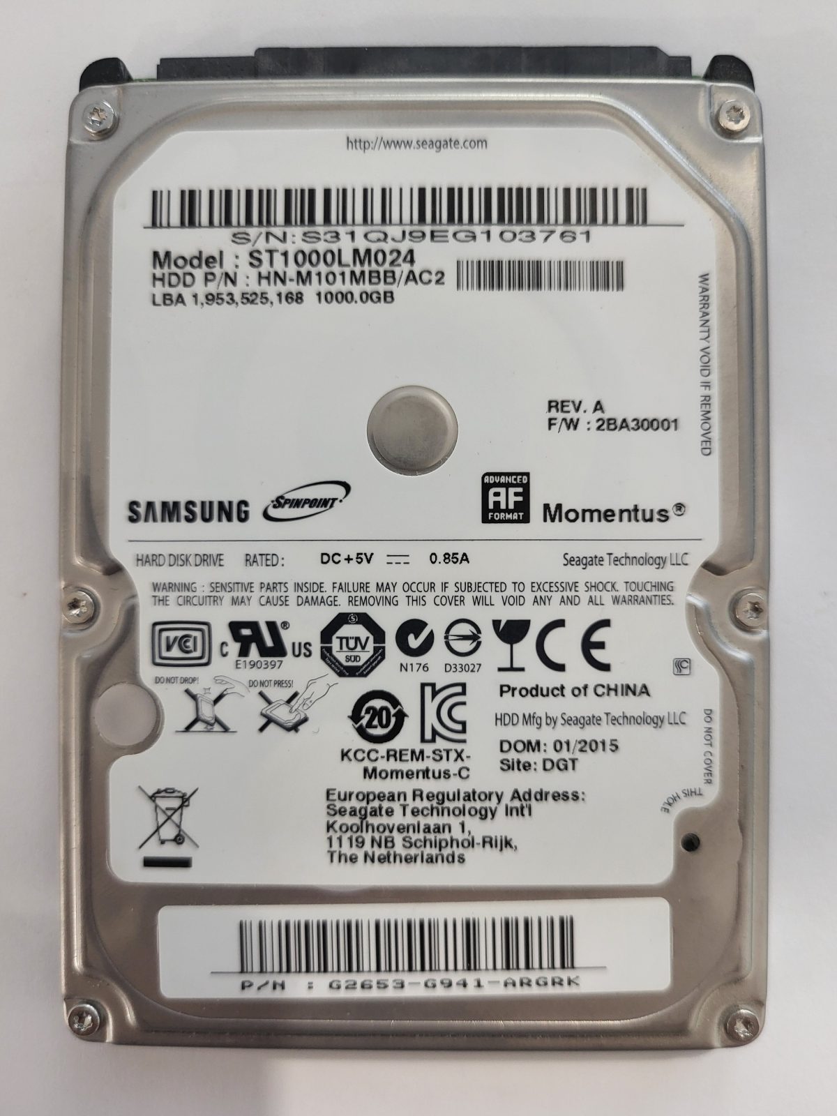 ST1000LM024, PN: HN-M101MBB/AC2, FW: 2BA30001, JAN 2015, Samsung 1Tb 2.5" HDD STK