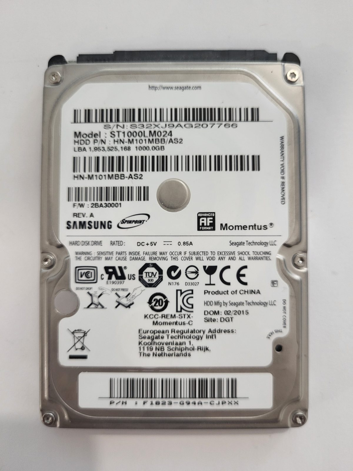 ST1000LM024, PN: HN-M101MBB/AS2, FW: 2BA30001, FEV 2015, Samsung 1Tb 2.5" HDD STK