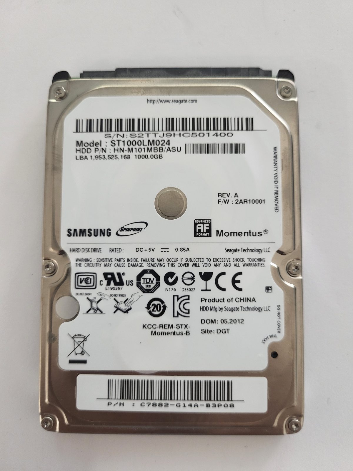 ST1000LM024, PN: HN-M101MBB/ASU, FW: 2AR10001, MAY 2012, Samsung 1Tb 2.5" HDD STK