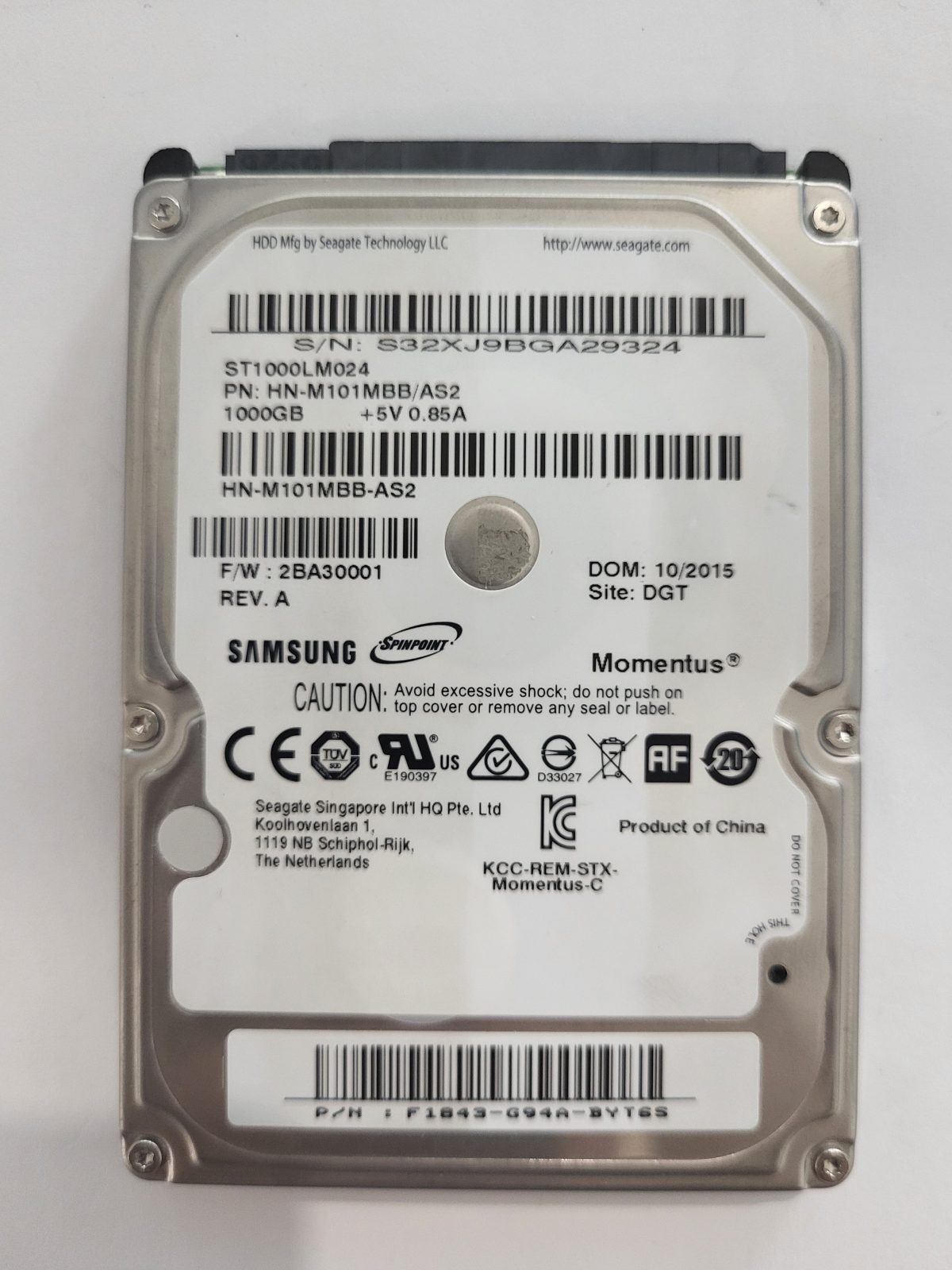 ST1000LM024, PN: HN-M101MBB/AS2, FW: 2BA30001, OCT 2015, Samsung 1Tb 2.5" HDD STK