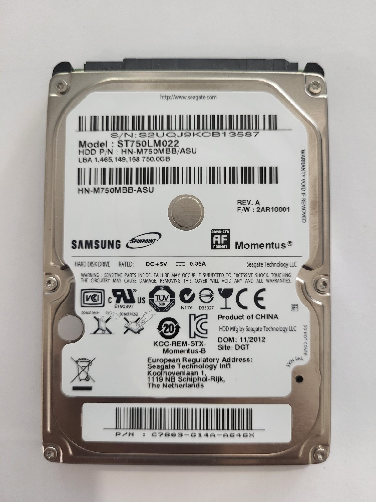 ST750LM022, PN: HN-M750MBB/ASU, FW: 2AR10001, NOV 2012, Samsung 750Gb 2.5" HDD STK