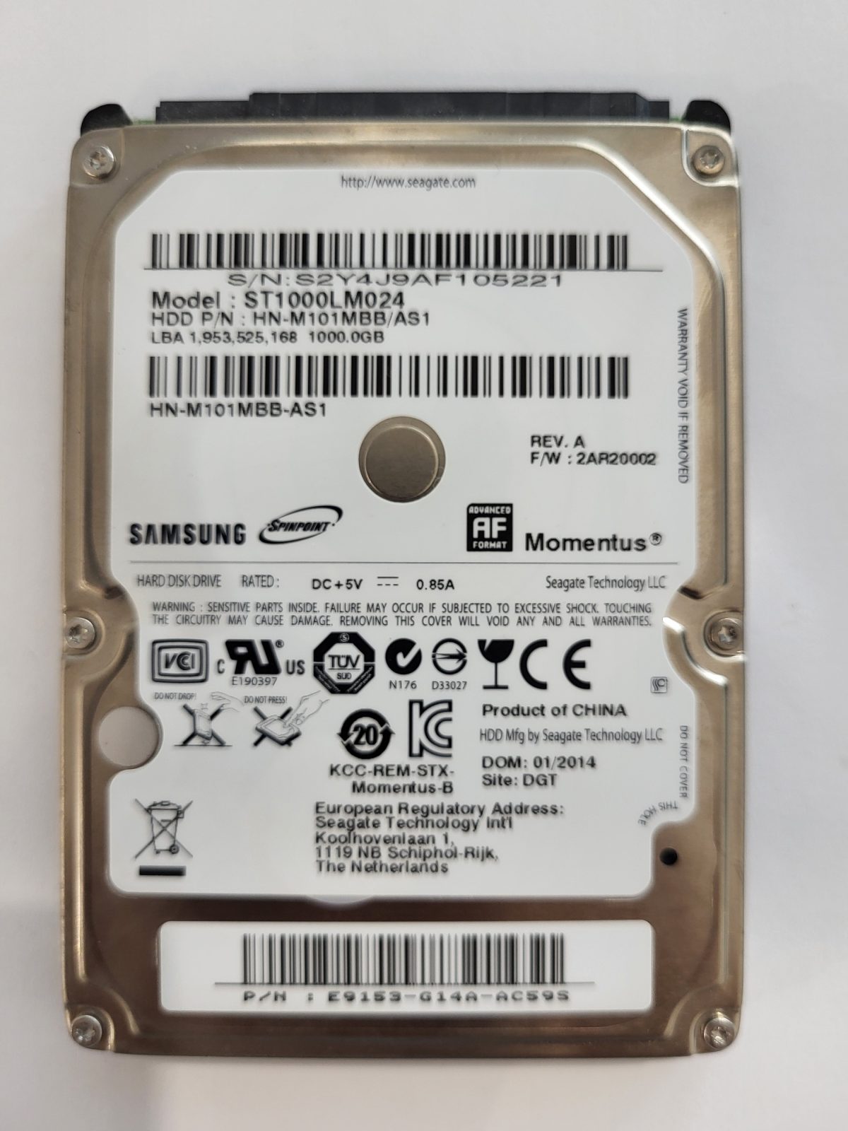 ST1000LM024, PN: HN-M101MBB/AS1, FW: 2AR20002, JAN 2014, Samsung 1Tb 2.5" HDD STK