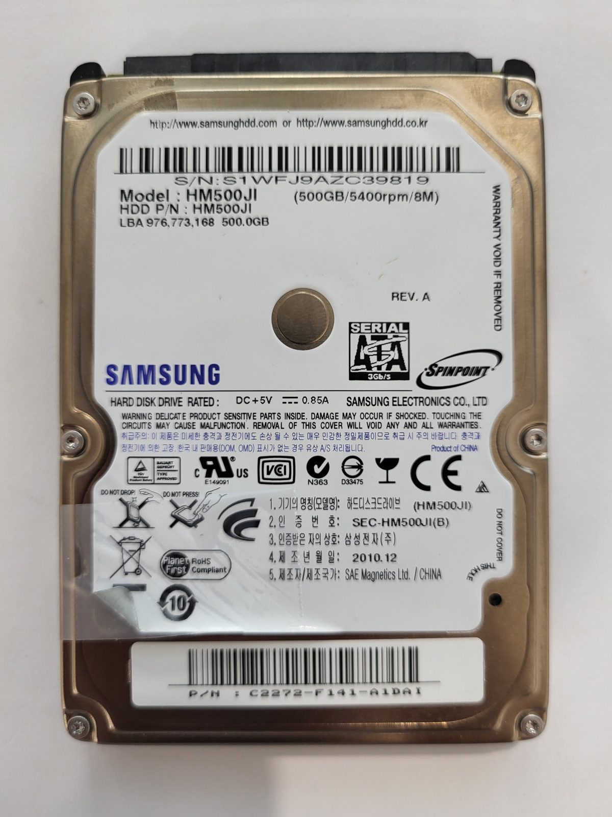 HM500JI, PN: HM500JI, FW: ?, DEC 2010, Samsung 500Gb 2.5" HDD STK
