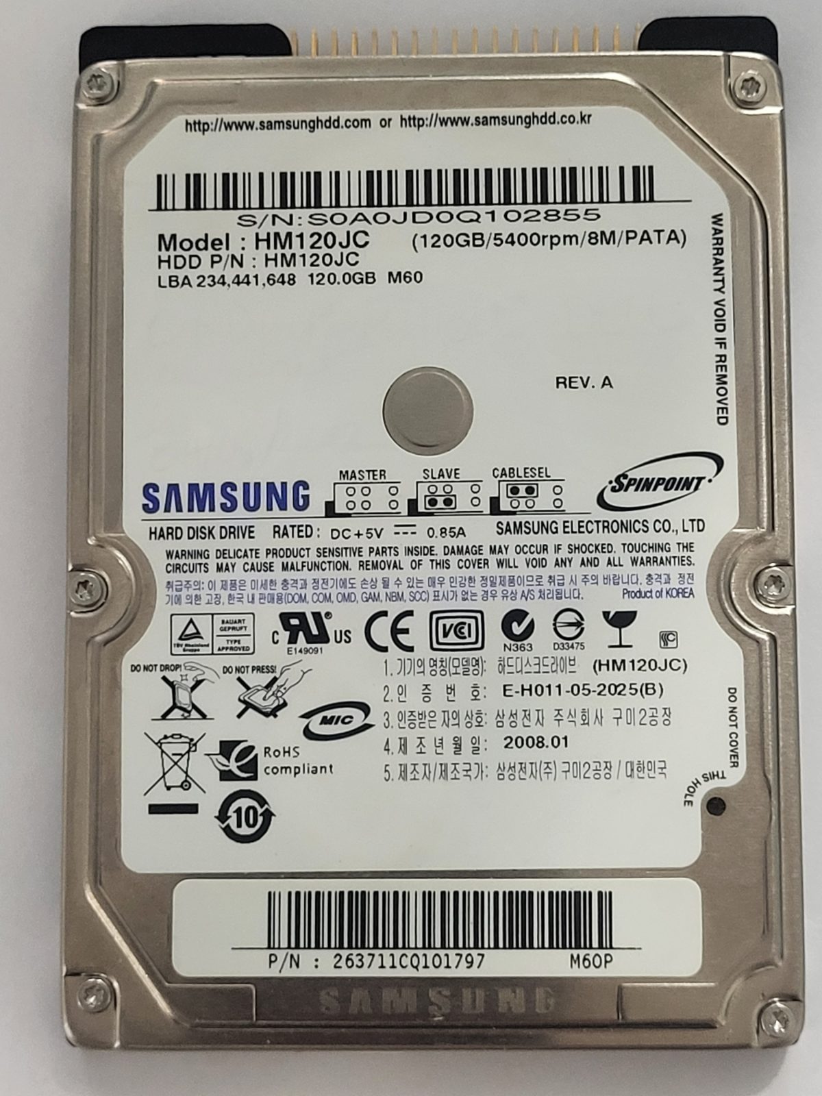 HM120JC, PN: HM120JC, FW: YL100-19, JAN 2008, Samsung 120Gb 2.5" HDD STK