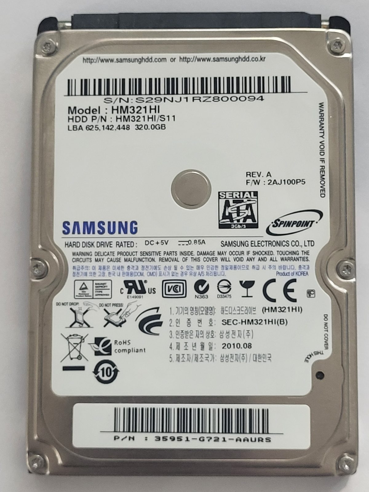 HM321HI, PN: HM321HI/S11, FW: 2AJ100P5, AUG 2010, Samsung 320Gb 2.5" HDD STK