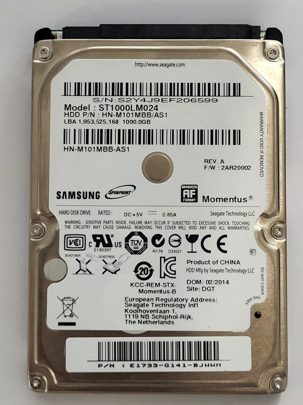 ST1000LM024, PN: HN-M101MBB/AS1, FW: 2AR20002, FEB 2014, Samsung 1Tb 2.5" HDD STK