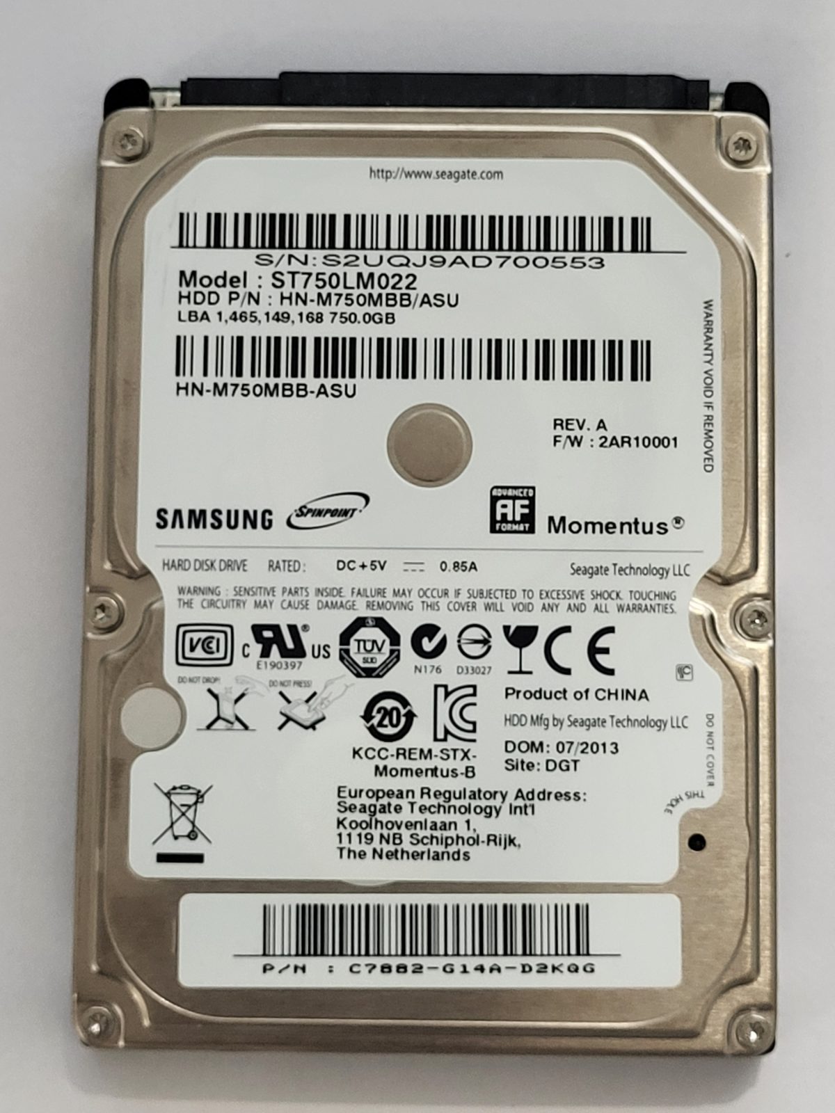 ST750LM022, PN: HN-M750MBB/ASU, FW: 2AR10001, JUL 2013, Samsung 750Gb 2.5" HDD STK