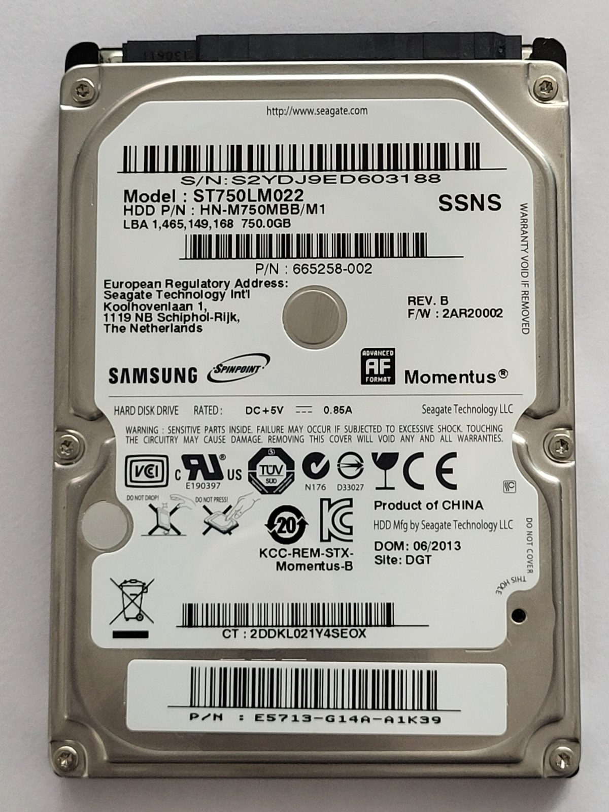 ST750LM022, PN: HN-M750MBB/M1, FW: 2AR20002, JUN 2013, Samsung 750Gb 2.5" HDD STK