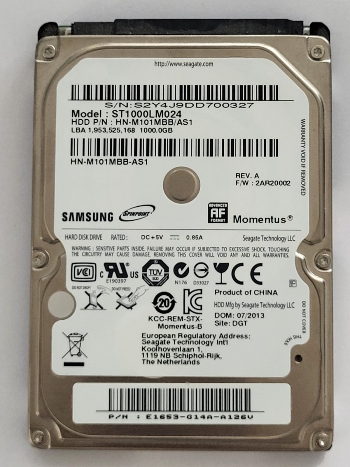 ST1000LM024, PN: HN-M101MBB/AS1, FW: 2AR20002, JUL 2013, Samsung 1Tb 2.5" HDD STK