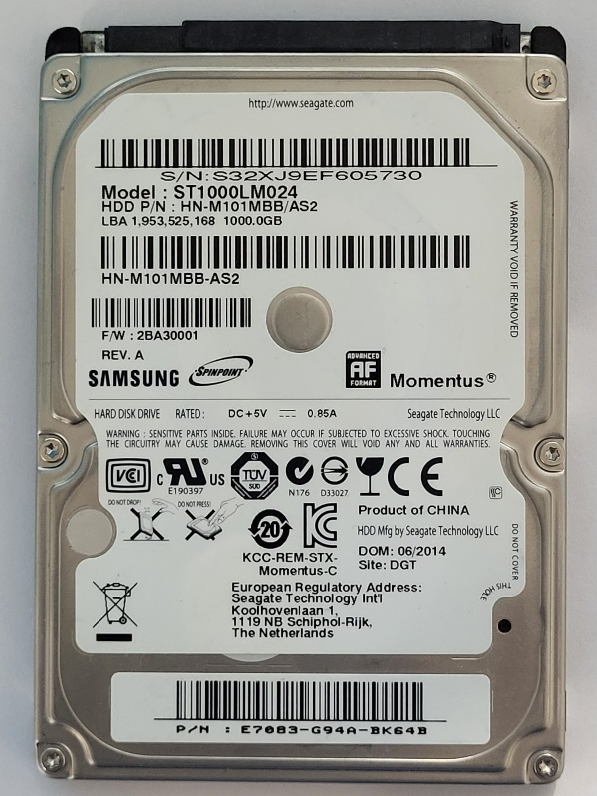 ST1000LM024, PN: HN-M101MBB, FW: 2BA30001, JUN 2014, Samsung 1Tb 2.5" HDD STK