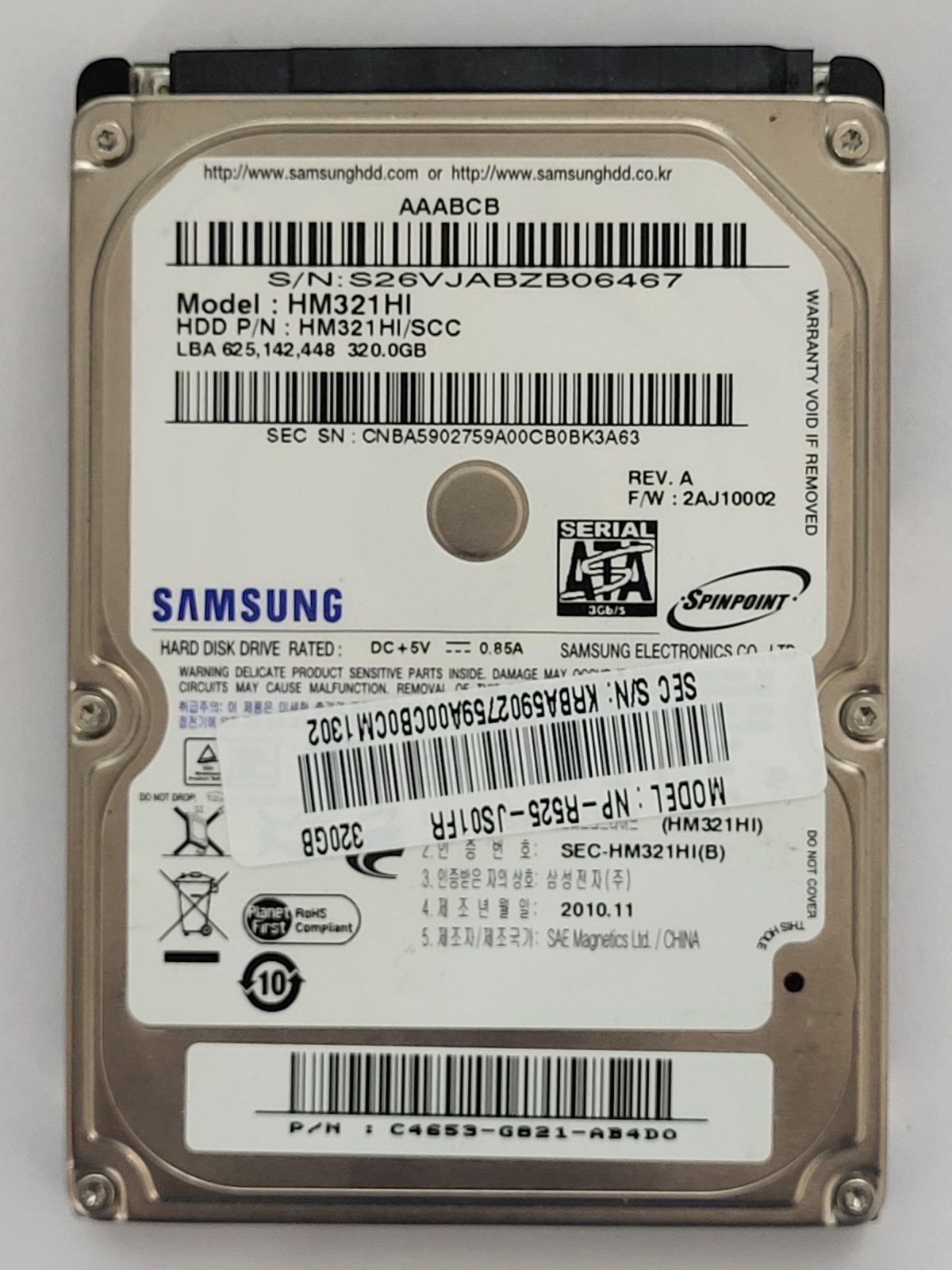HM321HI, PN: HM321HI/SCC, FW: 2AJ10002, NOV 2010, Samsung 320Gb 2.5" HDD STK