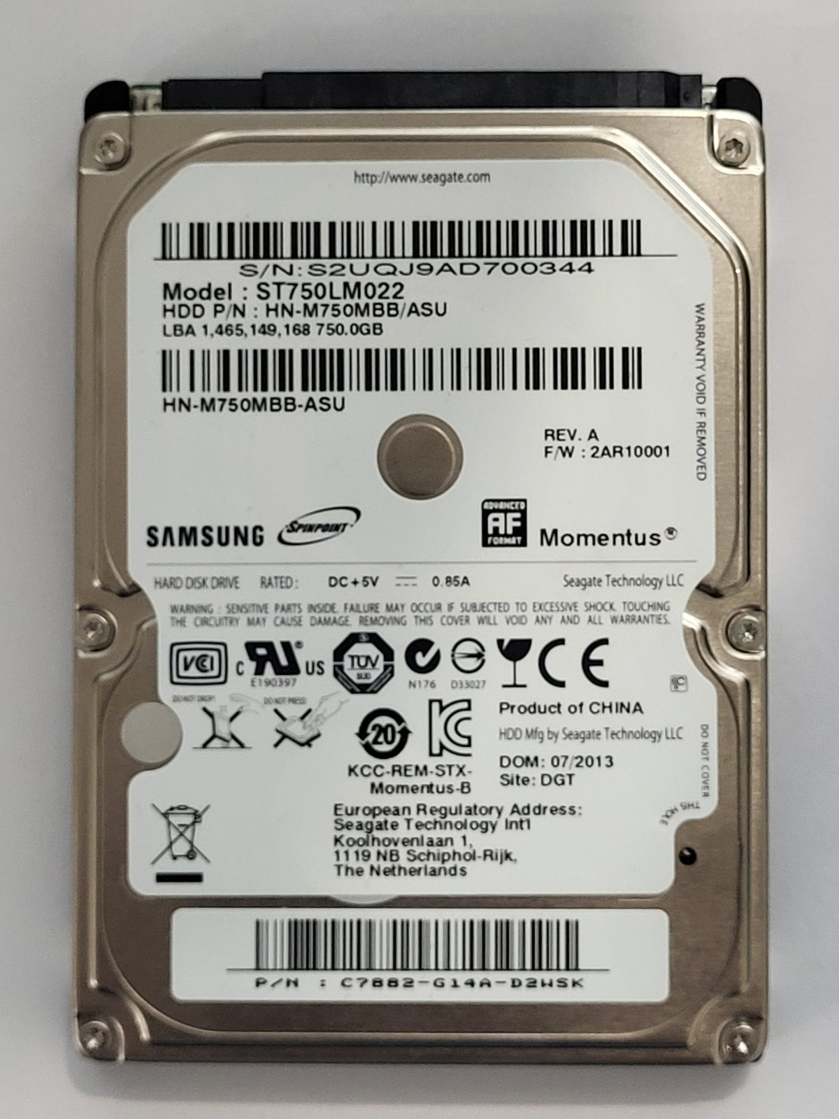 ST750LM022, PN: HN-M750MBB/ASU, FW: 2AR10001, JUL 2013, Samsung 750Gb 2.5" HDD STK