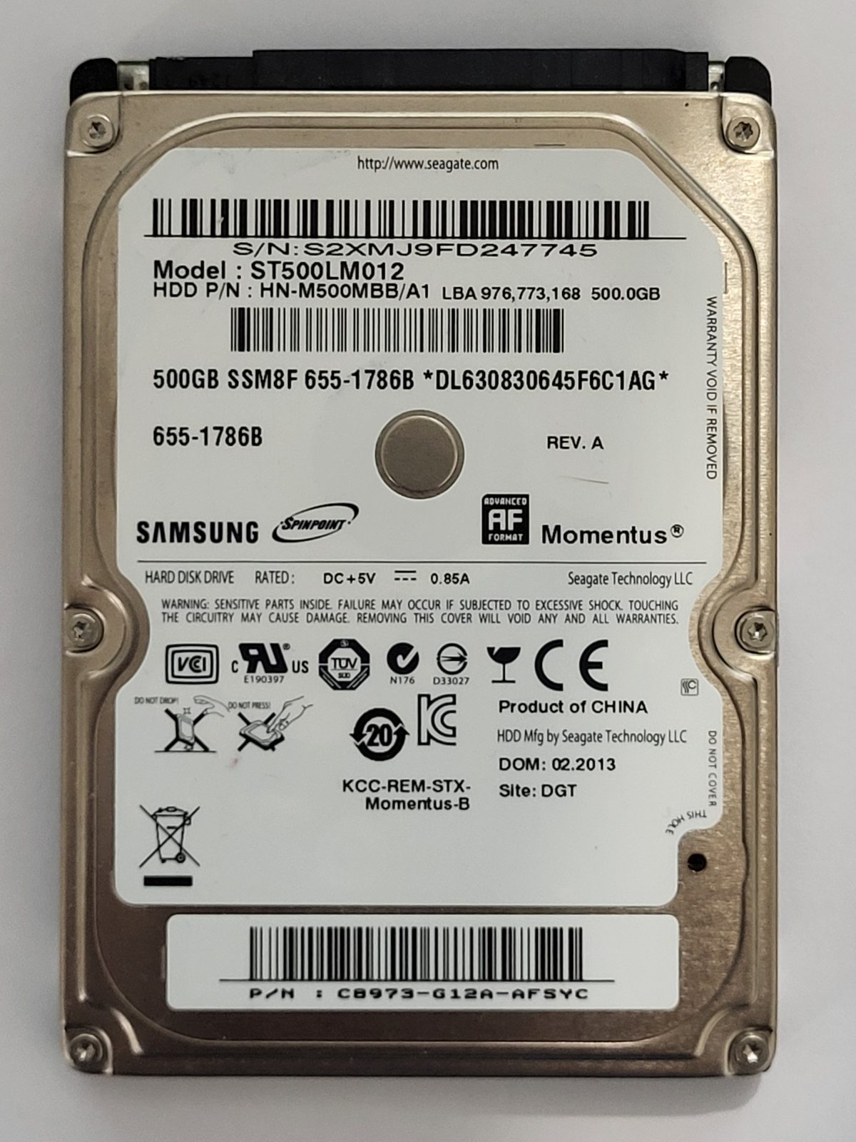 ST500LM012, PN: HN-M500MBB/A1, FW: 2AR30007, FEB 2013, Samsung 500Gb 2.5" HDD STK