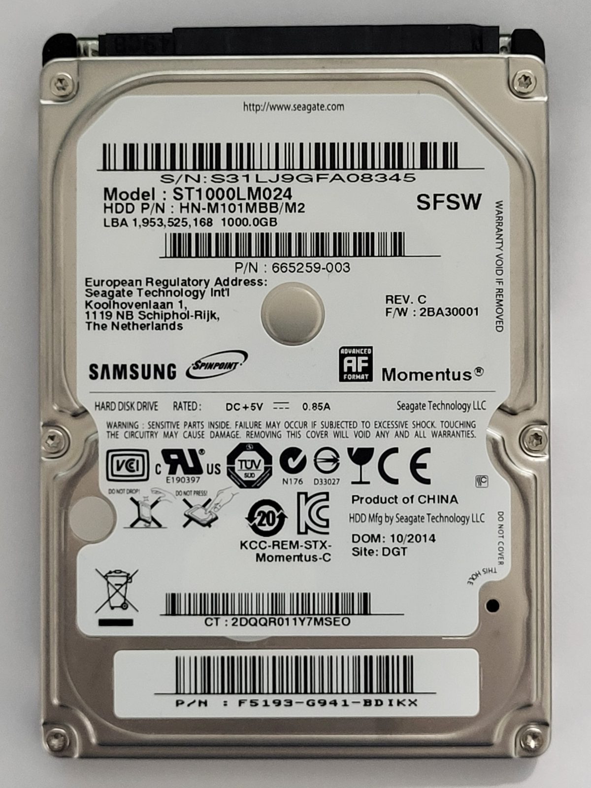 ST1000LM024, PN: HN-M101MBB/M2, FW: 2BA30001, OCT 2014, Samsung 1Tb 2.5" HDD STK