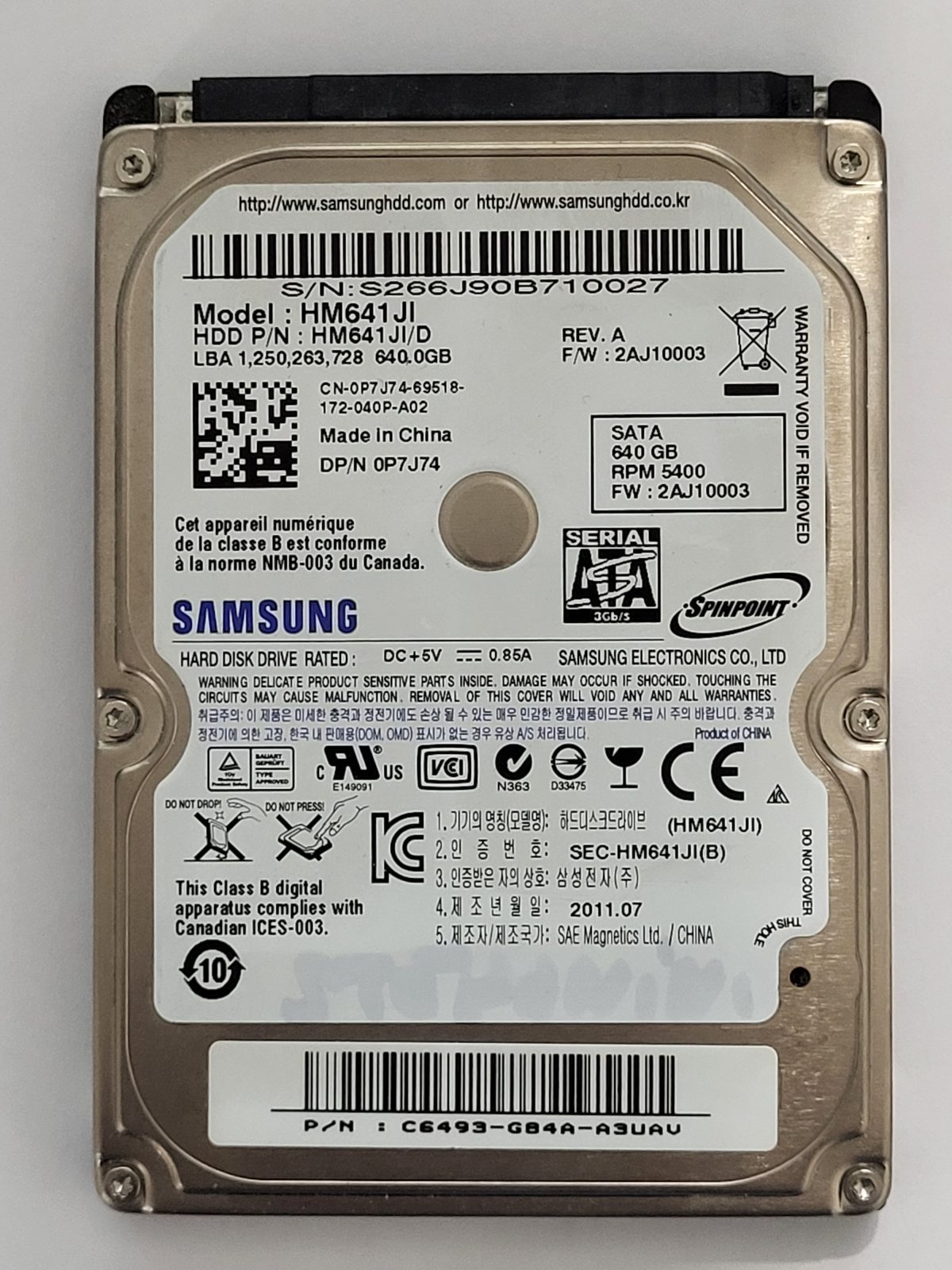 HM641JI, PN: HM641JI/D, FW: 2AJ10003, JUL 2011, Samsung 640Gb 2.5" HDD STK