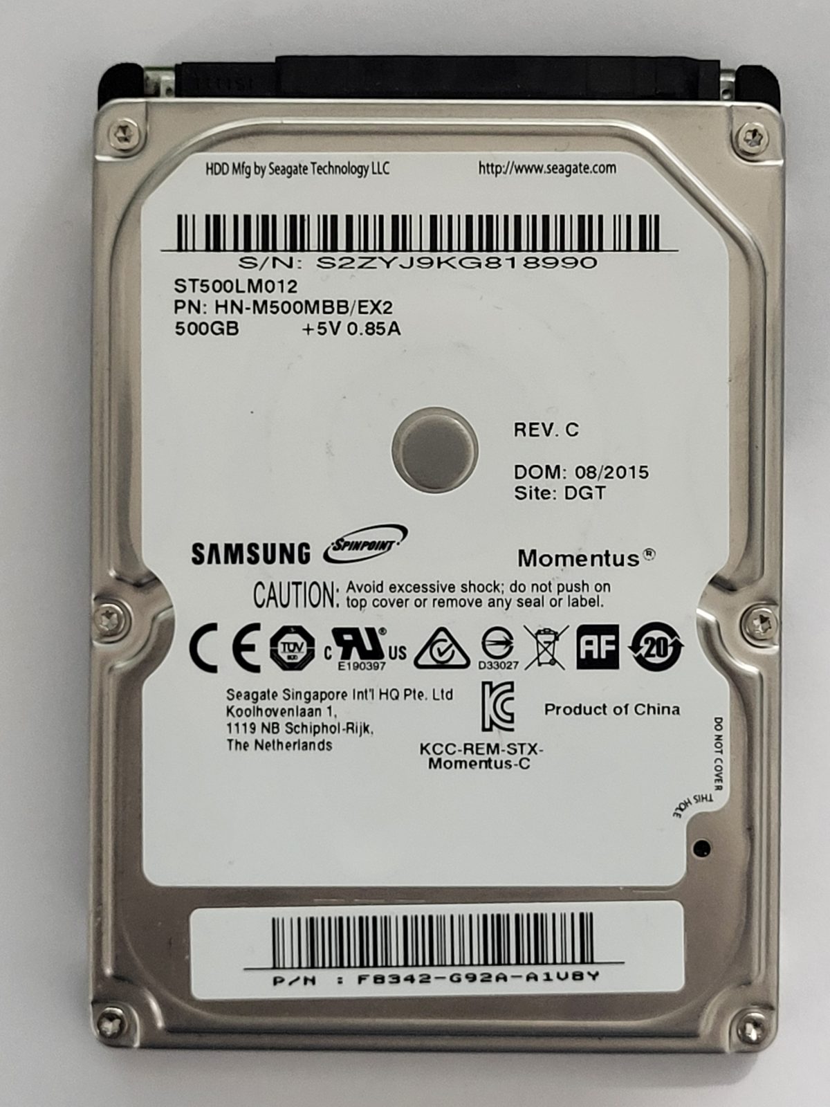 ST500LM012, PN: HN-M500MBB/EX2, FW: 2BA30001, AUG 2015, Samsung 500Gb 2.5" HDD STK