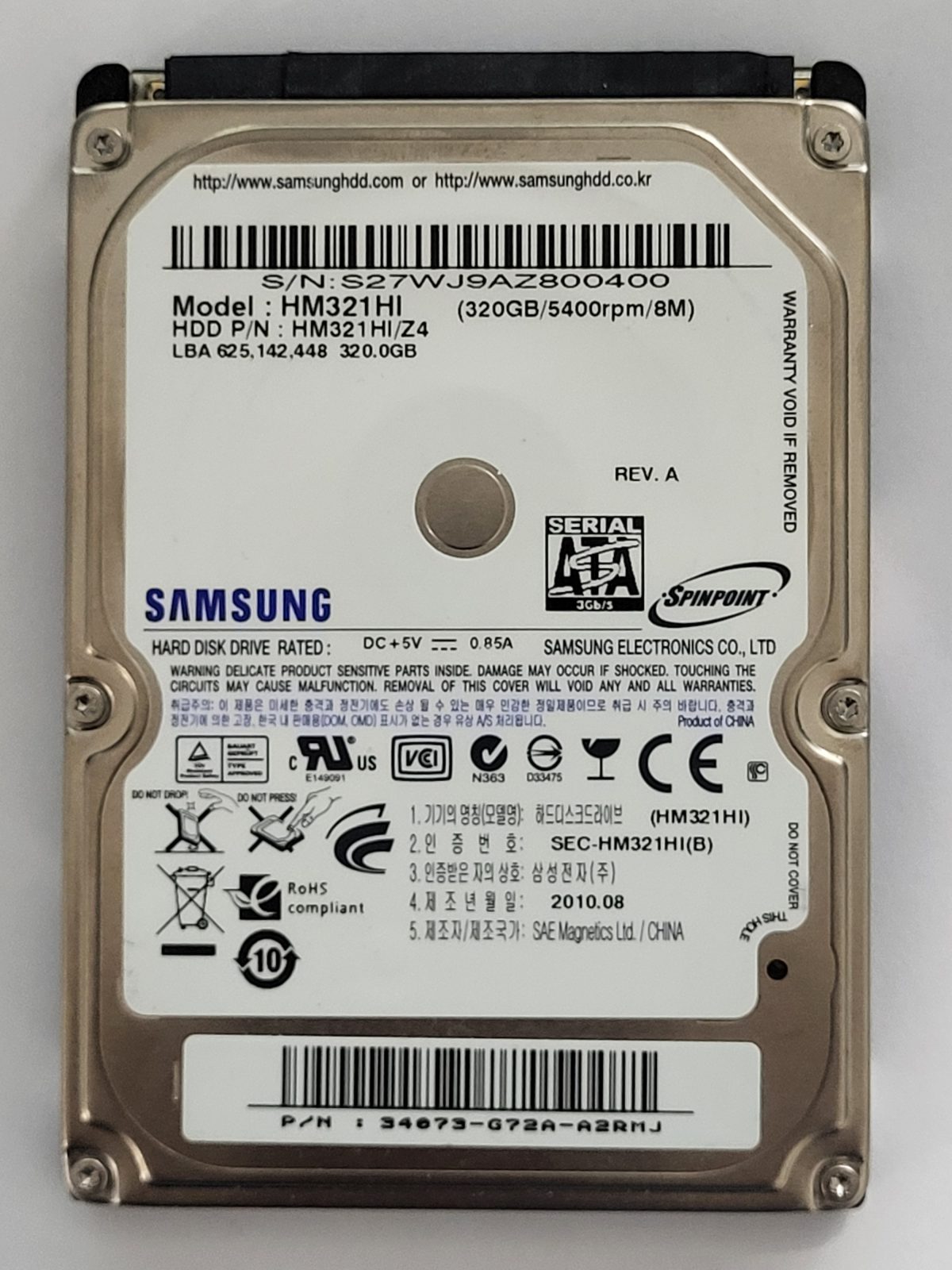 HM321HI, PN: HM321HI/Z4, FW: 2AJ10001, AUG 2010, Samsung 320Gb 2.5" HDD STK