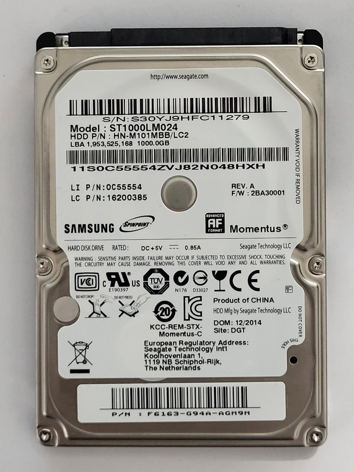 ST1000LM024, PN: HN-M101MBB/LC2, FW: 2BA30001, DEC 2014, Samsung 1Tb 2.5" HDD STK