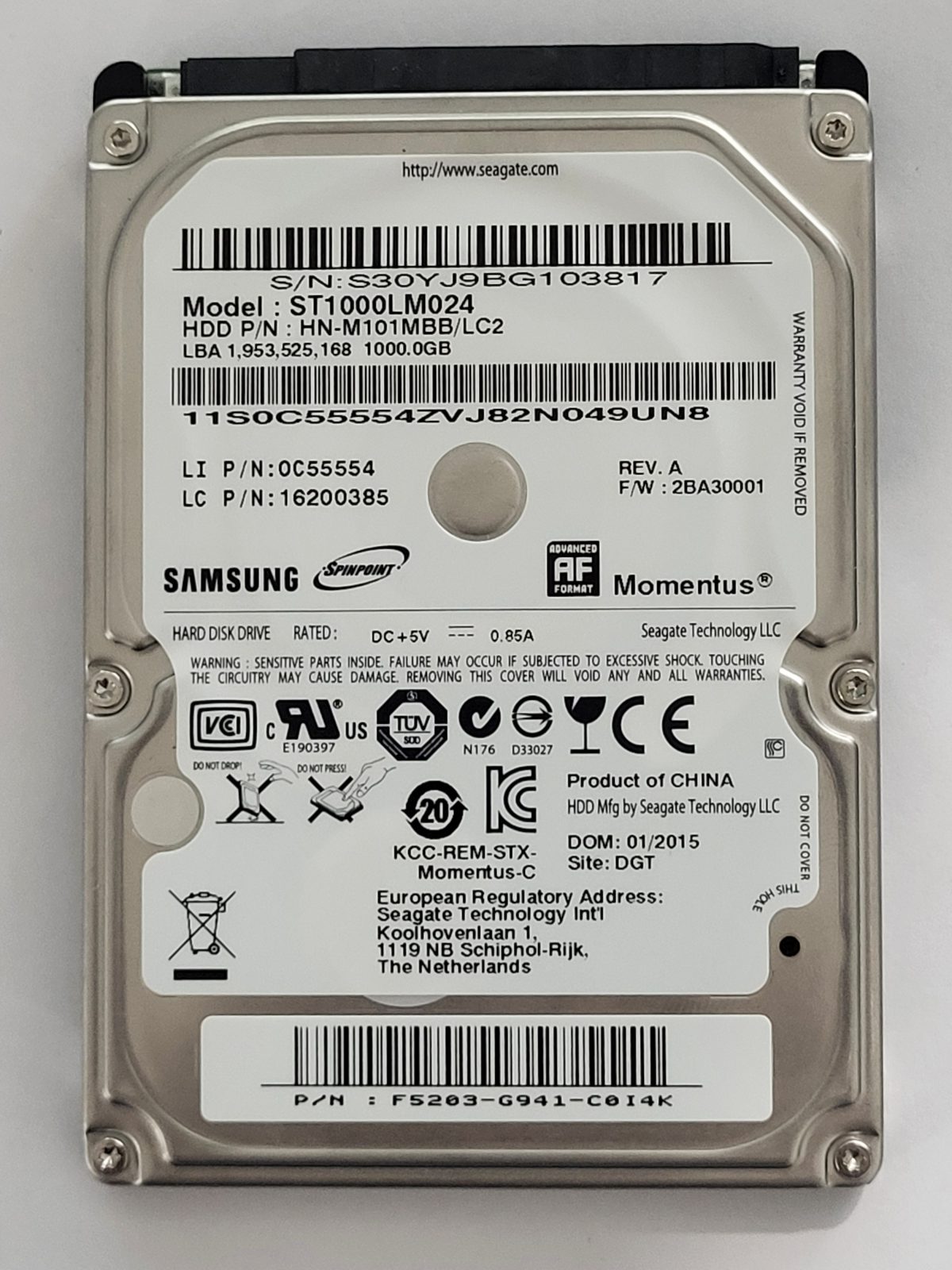 ST1000LM024, PN: HN-M101MBB/LC2, FW: 2BA30001, JAN 2015, Samsung 1Tb 2.5" HDD STK