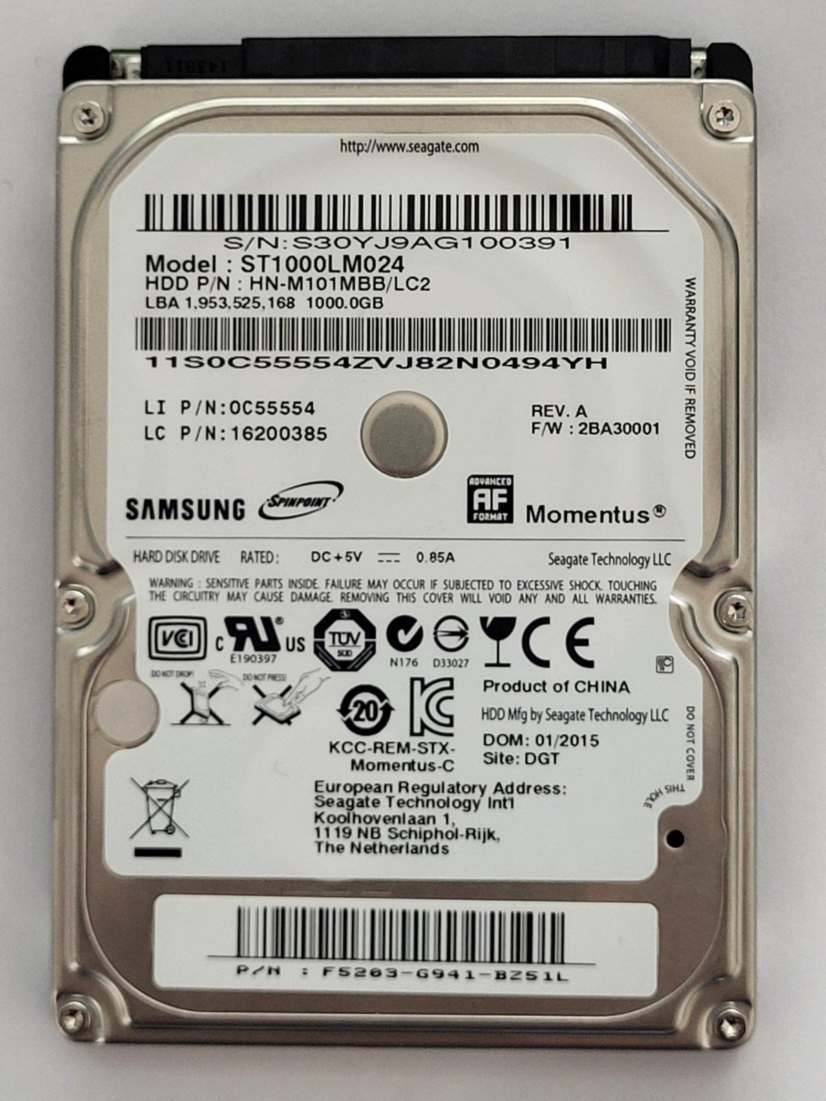 ST1000LM024, PN: HN-M101MBB/LC2, FW: 2BA30001, JAN 2015, Samsung 1Tb 2.5" HDD STK