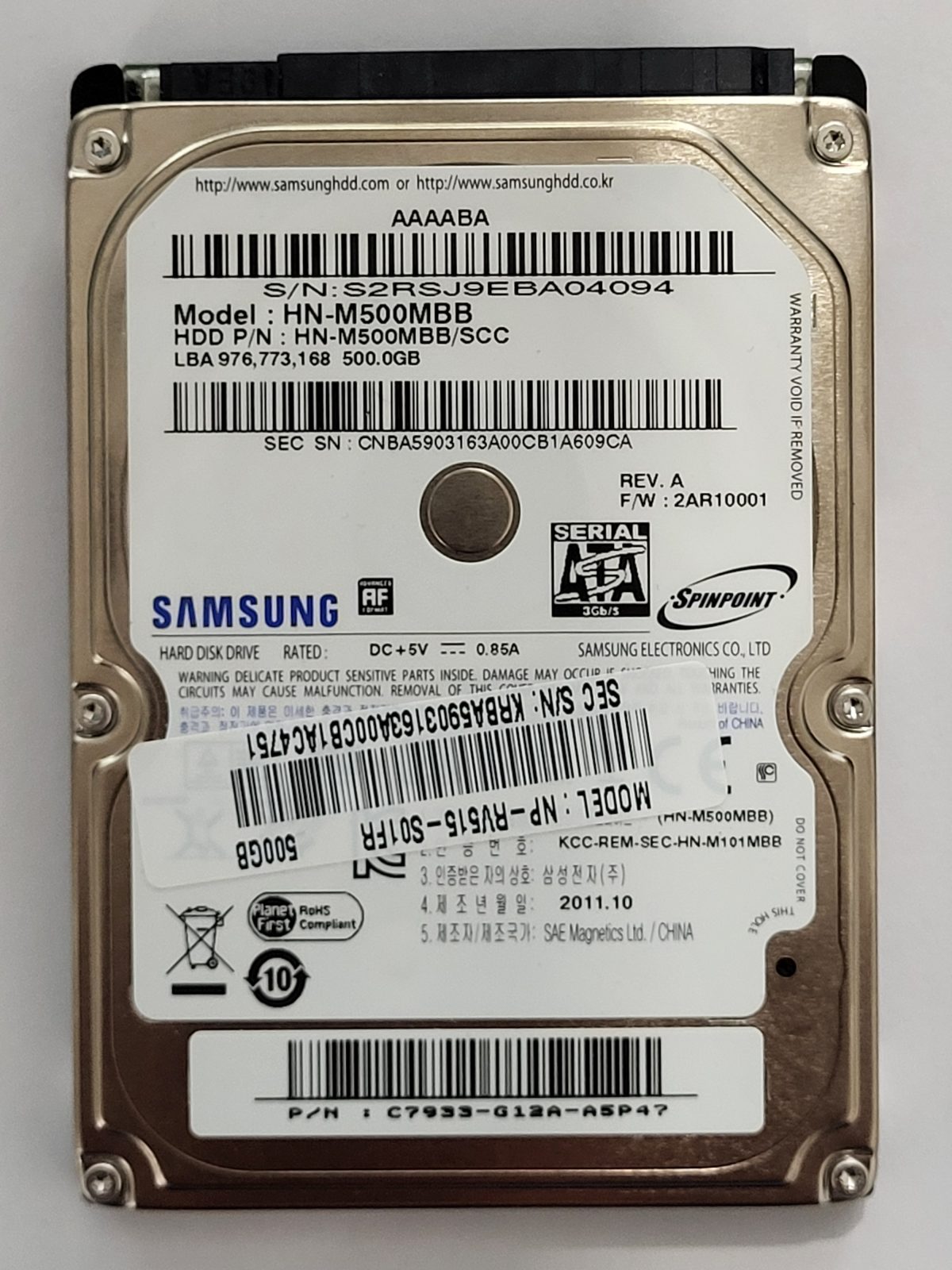 HN-M500MBB, PN: HN-M500MBB/SCC, FW: 2AR10001, OCT 2011, Samsung 500Gb 2.5" HDD STK