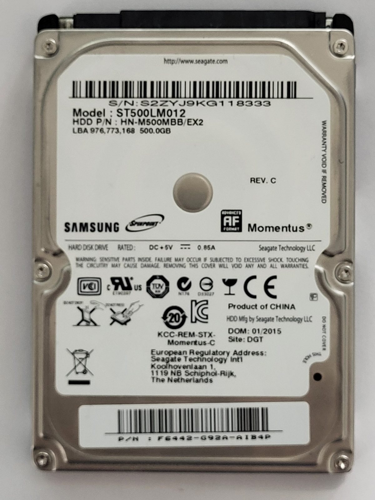 ST500LM012, PN: HN-M500MBB/EX2, FW: 2BA30001, JAN 2015, Samsung 500Gb 2.5" HDD STK