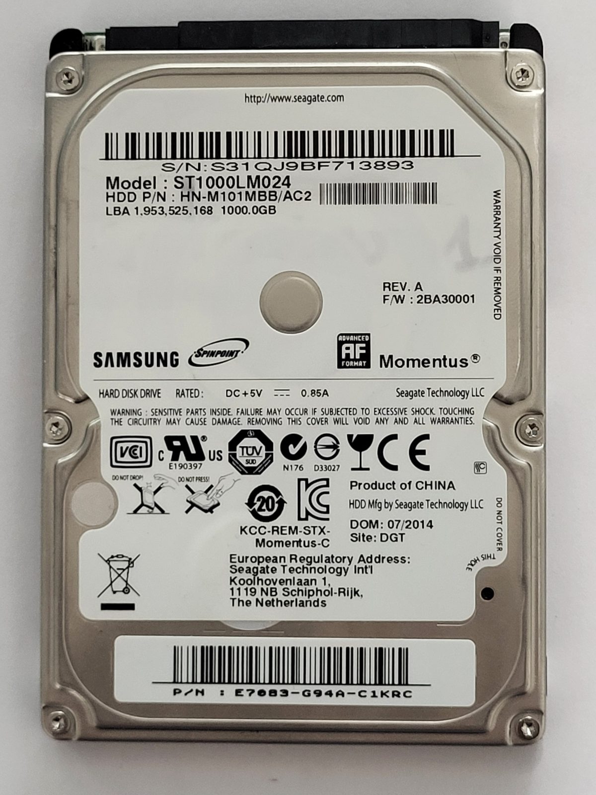 ST1000LM024, PN: HN-M101MBB/AC2, FW: 2BA30001, JUL 2014, Samsung 1Tb 2.5" HDD STK